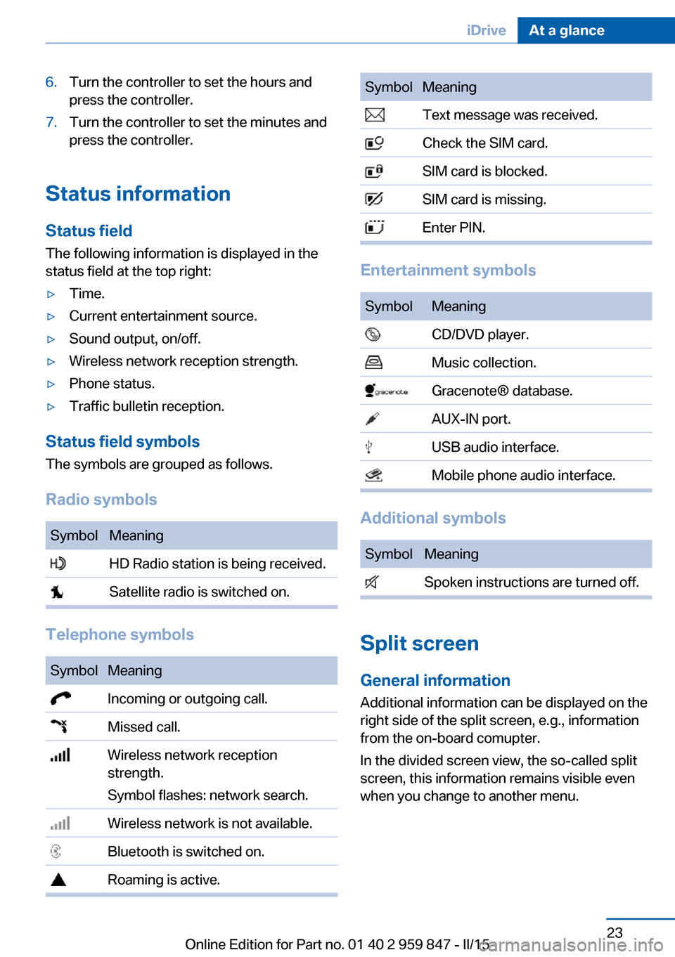 BMW 2 SERIES CONVERTIBLE 2016 F23 Owners Guide 6.Turn the controller to set the hours and
press the controller.7.Turn the controller to set the minutes and
press the controller.
Status information
Status field The following information is displaye BMW 2 SERIES CONVERTIBLE 2016 F23 Owners Guide 6.Turn the controller to set the hours and
press the controller.7.Turn the controller to set the minutes and
press the controller.
Status information
Status field The following information is displaye