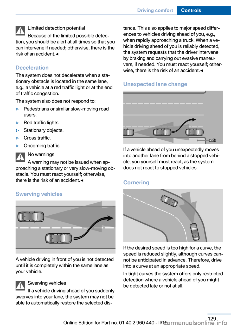 BMW 3 SERIES SEDAN 2016 F30 Owners Manual Limited detection potential
Because of the limited possible detec‐
tion, you should be alert at all times so that you
can intervene if needed; otherwise, there is the
risk of an accident.◀
Deceler BMW 3 SERIES SEDAN 2016 F30 Owners Manual Limited detection potential
Because of the limited possible detec‐
tion, you should be alert at all times so that you
can intervene if needed; otherwise, there is the
risk of an accident.◀
Deceler