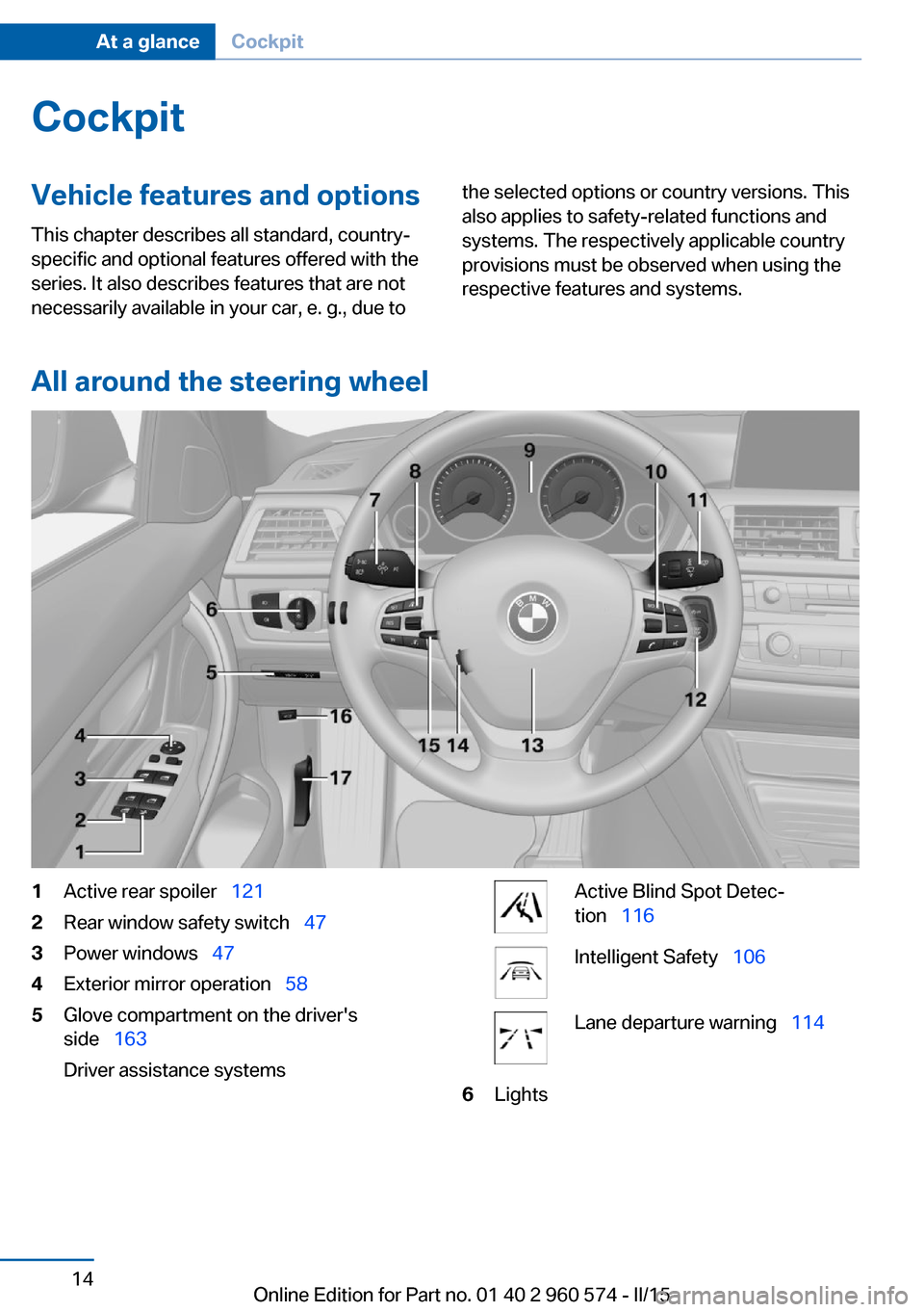 BMW 3 SERIES GRAN TURISMO 2016 F34 User Guide CockpitVehicle features and options
This chapter describes all standard, country-
specific and optional features offered with the
series. It also describes features that are not
necessarily available 