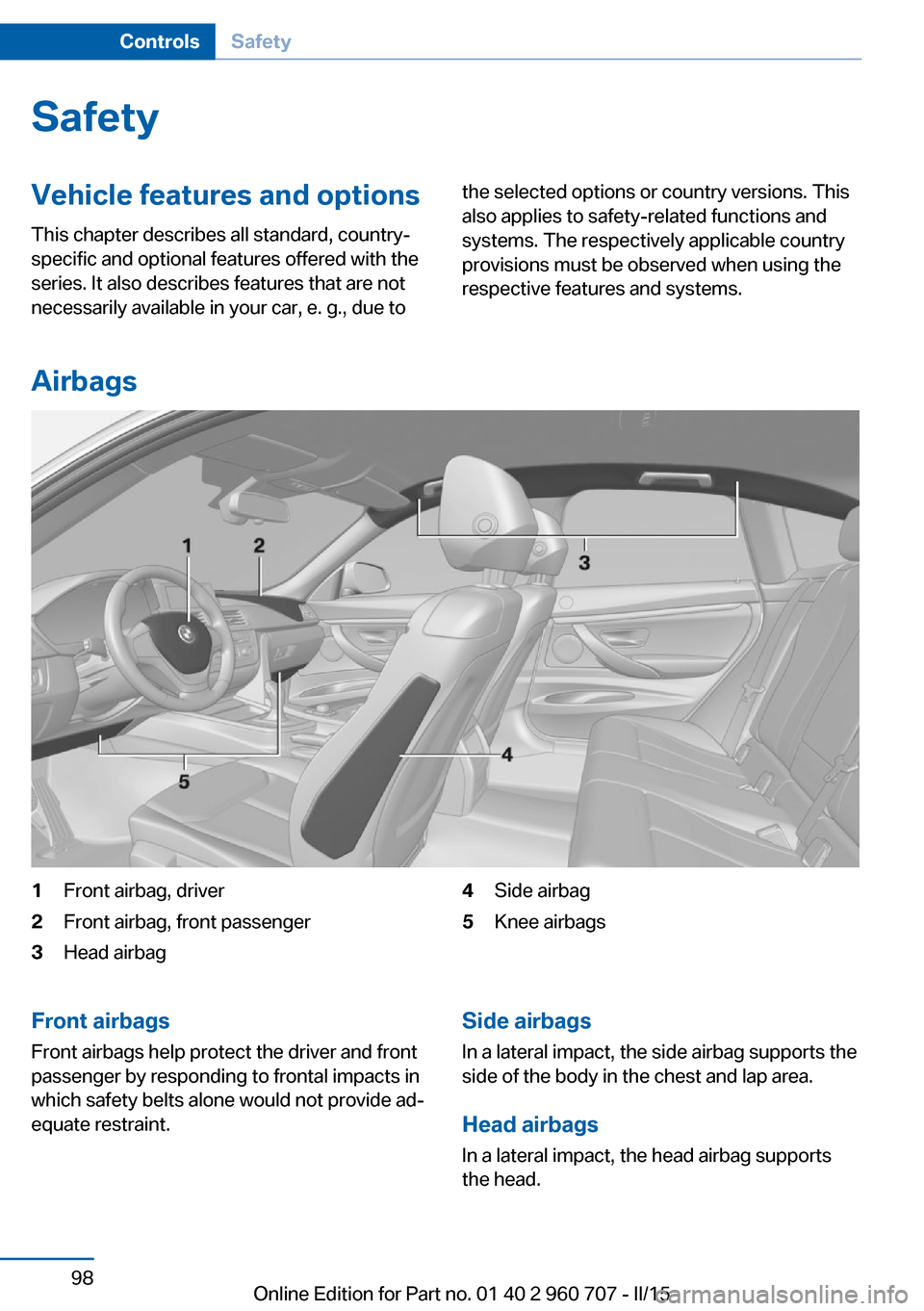 BMW 4 SERIES GRAN COUPE 2016 F36 Owners Manual SafetyVehicle features and options
This chapter describes all standard, country-
specific and optional features offered with the
series. It also describes features that are not
necessarily available i