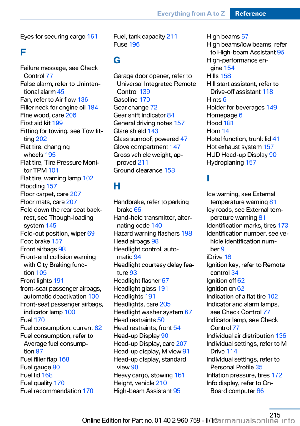 BMW M3 2016 F80 User Guide Eyes for securing cargo 161 
F
Failure message, see Check Control  77 
False alarm, refer to Uninten‐ tional alarm  45 
Fan, refer to Air flow  136 
Filler neck for engine oil  184 
Fine wood, care 