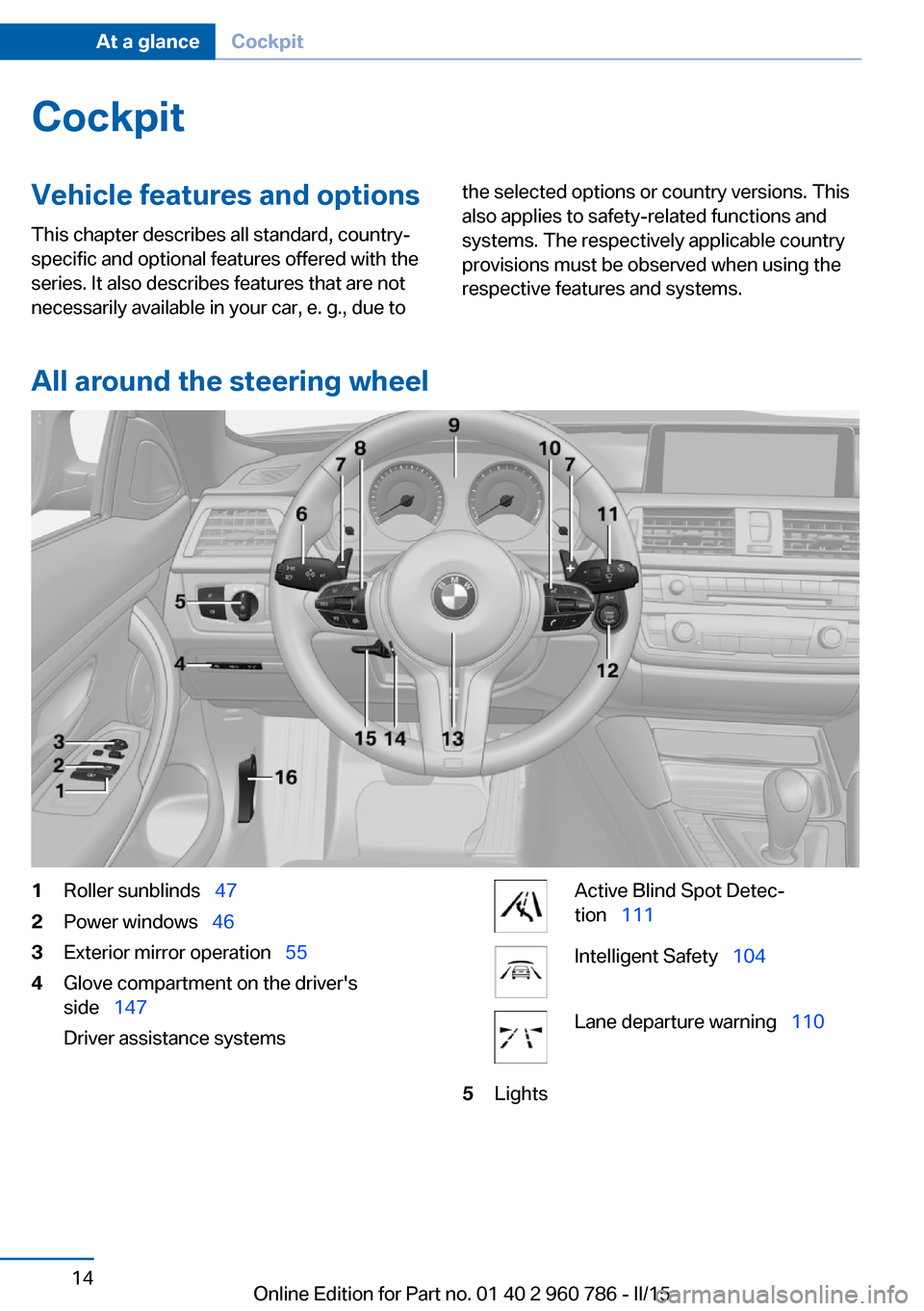 BMW M4 COUPE 2016 F82 Owners Manual CockpitVehicle features and options
This chapter describes all standard, country-
specific and optional features offered with the
series. It also describes features that are not
necessarily available 