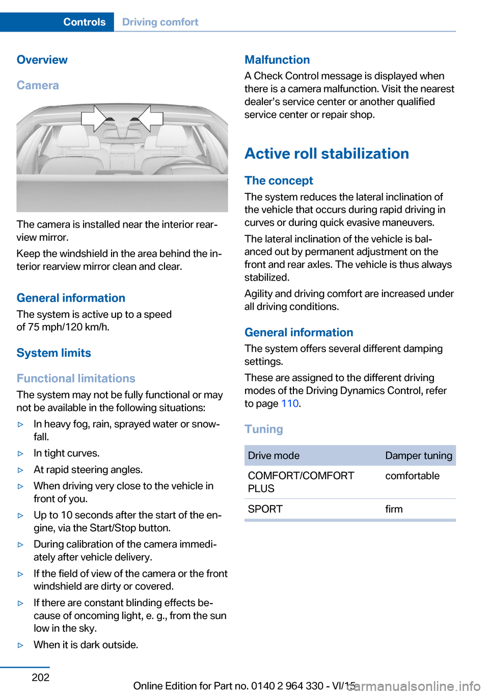 BMW 7 SERIES 2016 G11 Owners Manual Overview
Camera
The camera is installed near the interior rear‐
view mirror.
Keep the windshield in the area behind the in‐
terior rearview mirror clean and clear.
General information
The system i