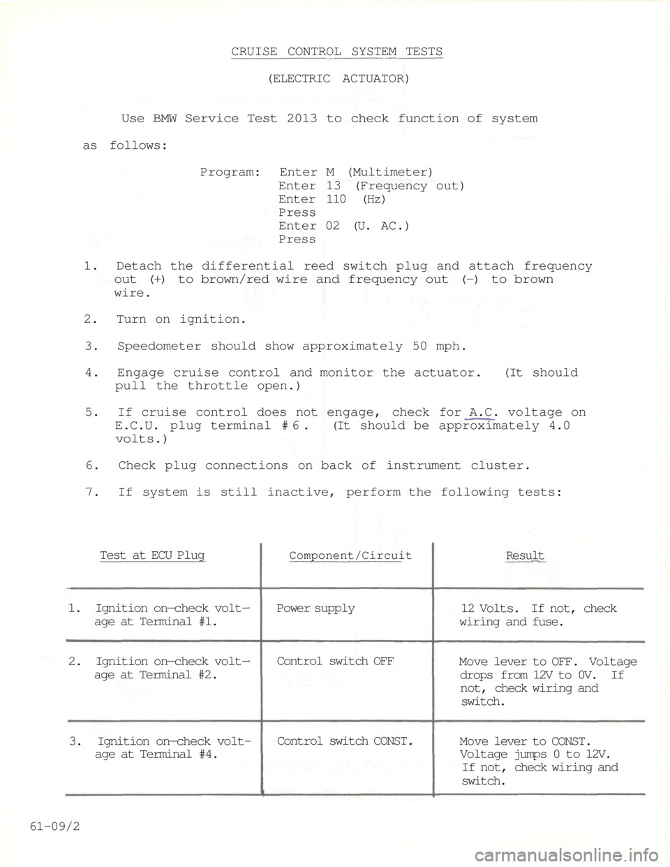BMW 7 SERIES 1981 E23 Cruise Control With Electric Acutator
CRUISE CONTROL SYSTEM TESTS
(ELECTRIC ACTUATOR)
Use BMW Service Test 2013 to check function of system
as follows:
Program: Enter M (Multimeter)
Enter 13 (Frequency out)
Enter 110 (Hz)
Press
E BMW 7 SERIES 1981 E23 Cruise Control With Electric Acutator
CRUISE CONTROL SYSTEM TESTS
(ELECTRIC ACTUATOR)
Use BMW Service Test 2013 to check function of system
as follows:
Program: Enter M (Multimeter)
Enter 13 (Frequency out)
Enter 110 (Hz)
Press
E