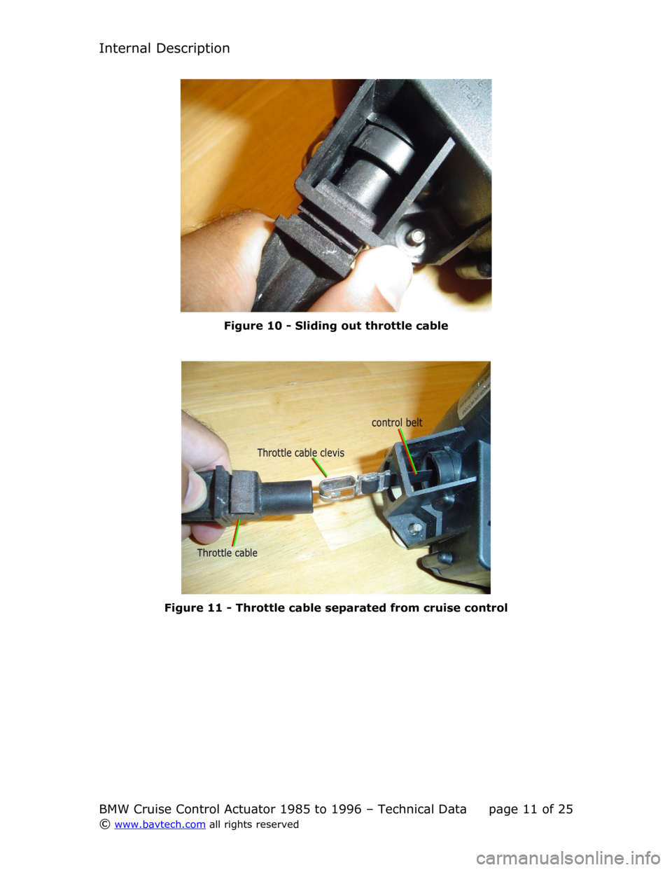 BMW 8 SERIES 1996 E31 Cruise Control Acutator Internal Description
Figure  10  - Sliding  out throttle cable
Figure  11  - Throttle cable separated  from cruise control
BMW Cruise Control Actuator 1985 to 1996 – Technical Data page  11  of  25

