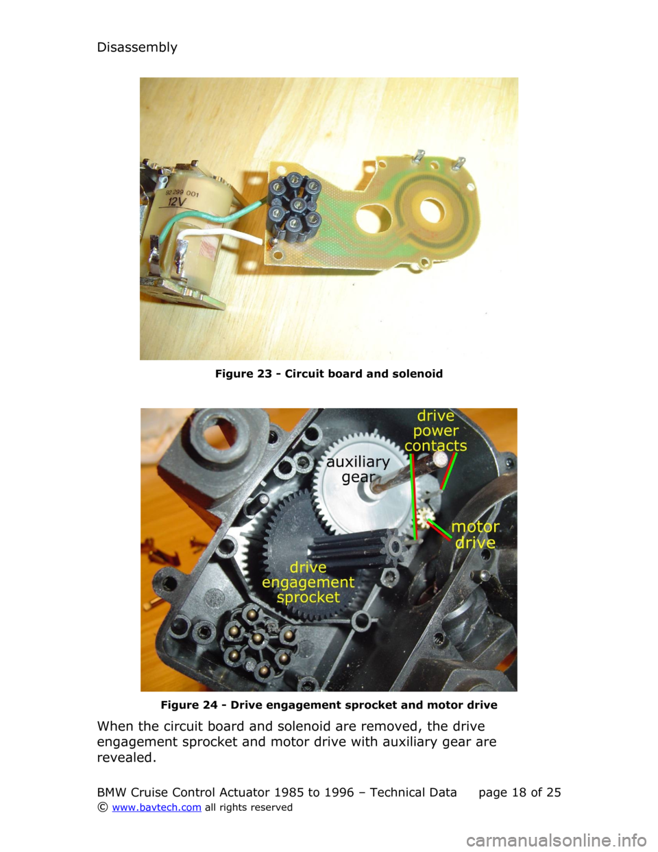 BMW 3 SERIES 1992 E36 Cruise Control Acutator Disassembly
Figure  23  - Circuit board and solenoid
Figure  24  - Drive engagement sprocket and motor drive
When the circuit board and solenoid are removed, the drive  
engagement sprocket and motor 