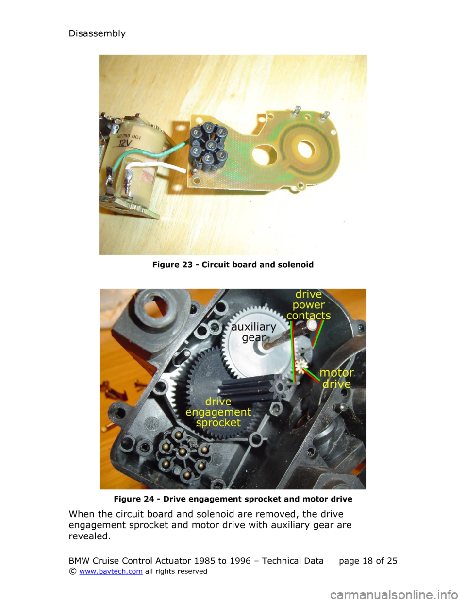 BMW 5 SERIES 1988 E34 Cruise Control Acutator Technical Data User Guide Disassembly
Figure  23  - Circuit board and solenoid
Figure  24  - Drive engagement sprocket and motor drive
When the circuit board and solenoid are removed, the drive  
engagement sprocket and motor 