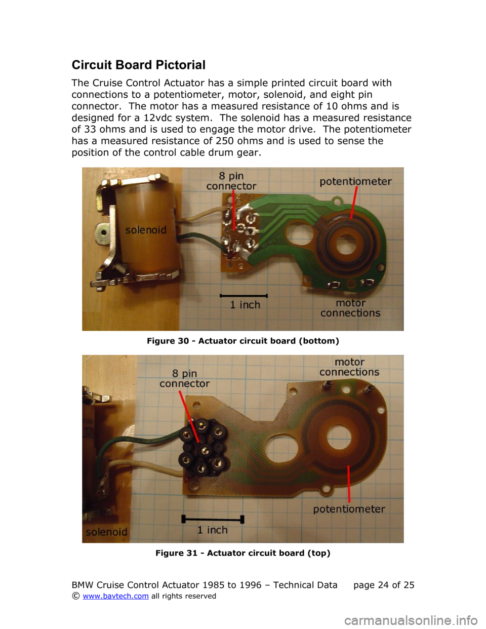 BMW 7 SERIES 1988 E32 Cruise Control Acutator Circuit Board Pictorial
The Cruise Control Actuator has a simple printed circuit board with  
connections to a potentiometer, motor, solenoid, and eight pin  
connector.  The motor has a measured resi