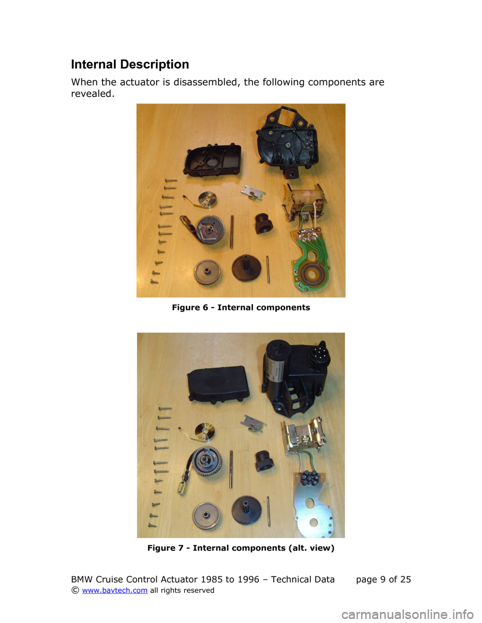 BMW 3 SERIES 1990 E36 Cruise Control Acutator Technical Data Workshop Manual Internal Description
When the actuator is disassembled, the following components are  
revealed.
Figure  6  - Internal components
Figure  7  - Internal components (alt. view)
BMW Cruise Control Actuat