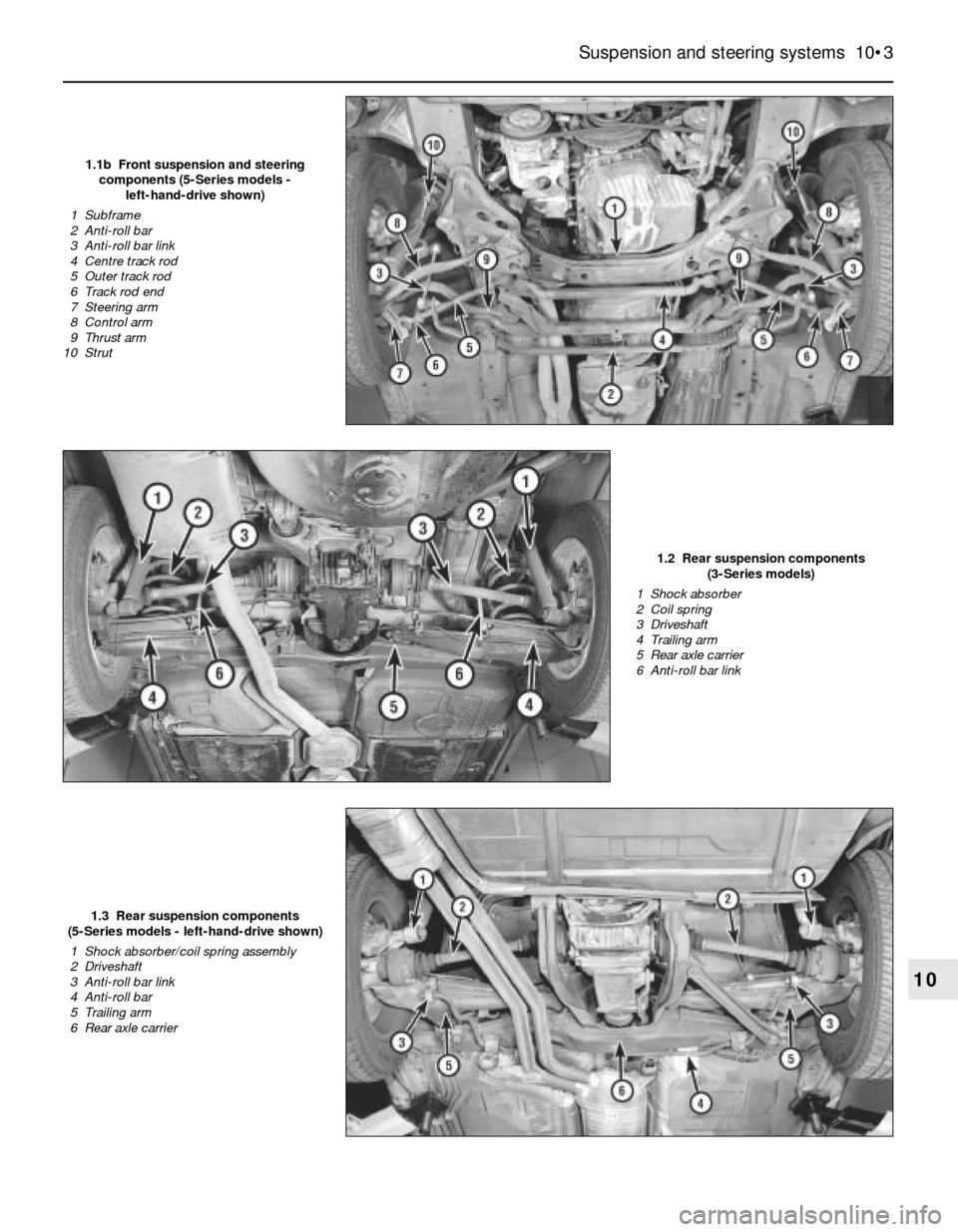 BMW 3 SERIES 1987 E30 Workshop Manual Suspension and steering systems 10•3
1.1b Front suspension and steering
components (5-Series models -
left-hand-drive shown)
1 Subframe
2 Anti-roll bar
3 Anti-roll bar link
4 Centre track rod BMW 3 SERIES 1987 E30 Workshop Manual Suspension and steering systems 10•3
1.1b Front suspension and steering
components (5-Series models -
left-hand-drive shown)
1 Subframe
2 Anti-roll bar
3 Anti-roll bar link
4 Centre track rod