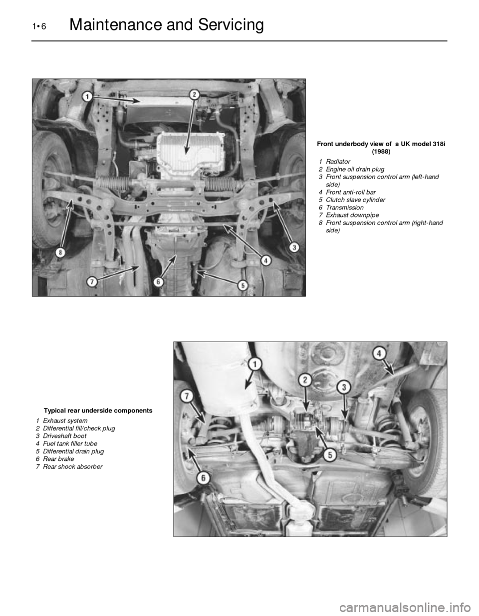 BMW 3 SERIES 1983 E30 Workshop Manual 1•6Maintenance and Servicing
Front underbody view of a UK model 318i
(1988)
1 Radiator
2 Engine oil drain plug
3 Front suspension control arm (left-hand
side)
4 Front anti-roll bar
5 Clutch s BMW 3 SERIES 1983 E30 Workshop Manual 1•6Maintenance and Servicing
Front underbody view of a UK model 318i
(1988)
1 Radiator
2 Engine oil drain plug
3 Front suspension control arm (left-hand
side)
4 Front anti-roll bar
5 Clutch s