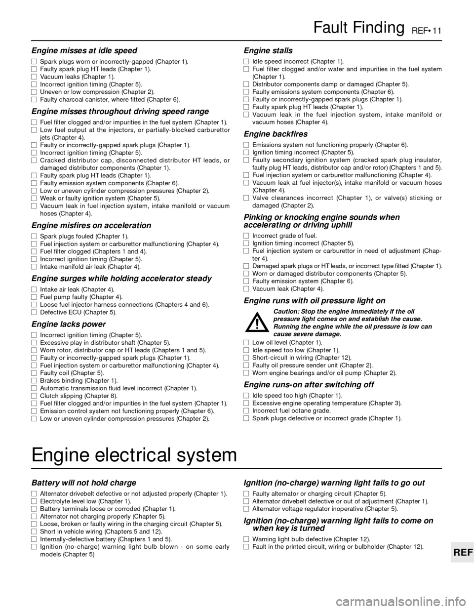 BMW 3 SERIES 1985 E30 Service Manual REF•11
REF
Fault Finding
Engine misses at idle speed
m mSpark plugs worn or incorrectly-gapped (Chapter 1).
m mFaulty spark plug HT leads (Chapter 1).
m mVacuum leaks (Chapter 1).
m mIncorrect ignit