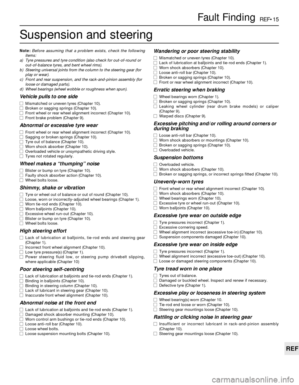 BMW 3 SERIES 1988 E30 Owners Guide REF•15
REF
Fault Finding
Suspension and steering
Note:Before assuming that a problem exists, check the following
items:
a) Tyre pressures and tyre condition (also check for out-of-round or
out-of-ba