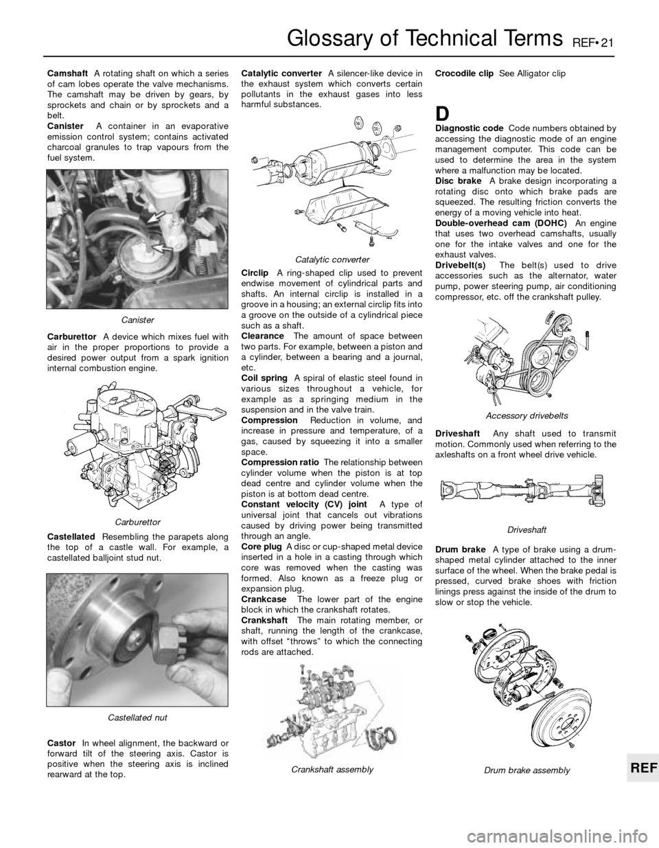 BMW 3 SERIES 1988 E30 Workshop Manual REF•21
REF
Glossary of Technical Terms
CamshaftA rotating shaft on which a series
of cam lobes operate the valve mechanisms.
The camshaft may be driven by gears, by
sprockets and chain or by sprocke