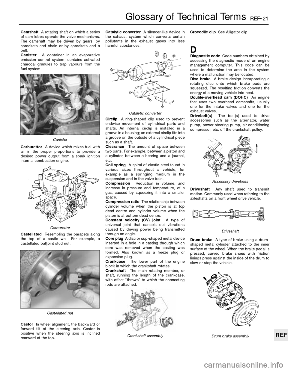 BMW 3 SERIES 1986 E30 Workshop Manual REF•21
REF
Glossary of Technical Terms
CamshaftA rotating shaft on which a series
of cam lobes operate the valve mechanisms.
The camshaft may be driven by gears, by
sprockets and chain or by sprocke