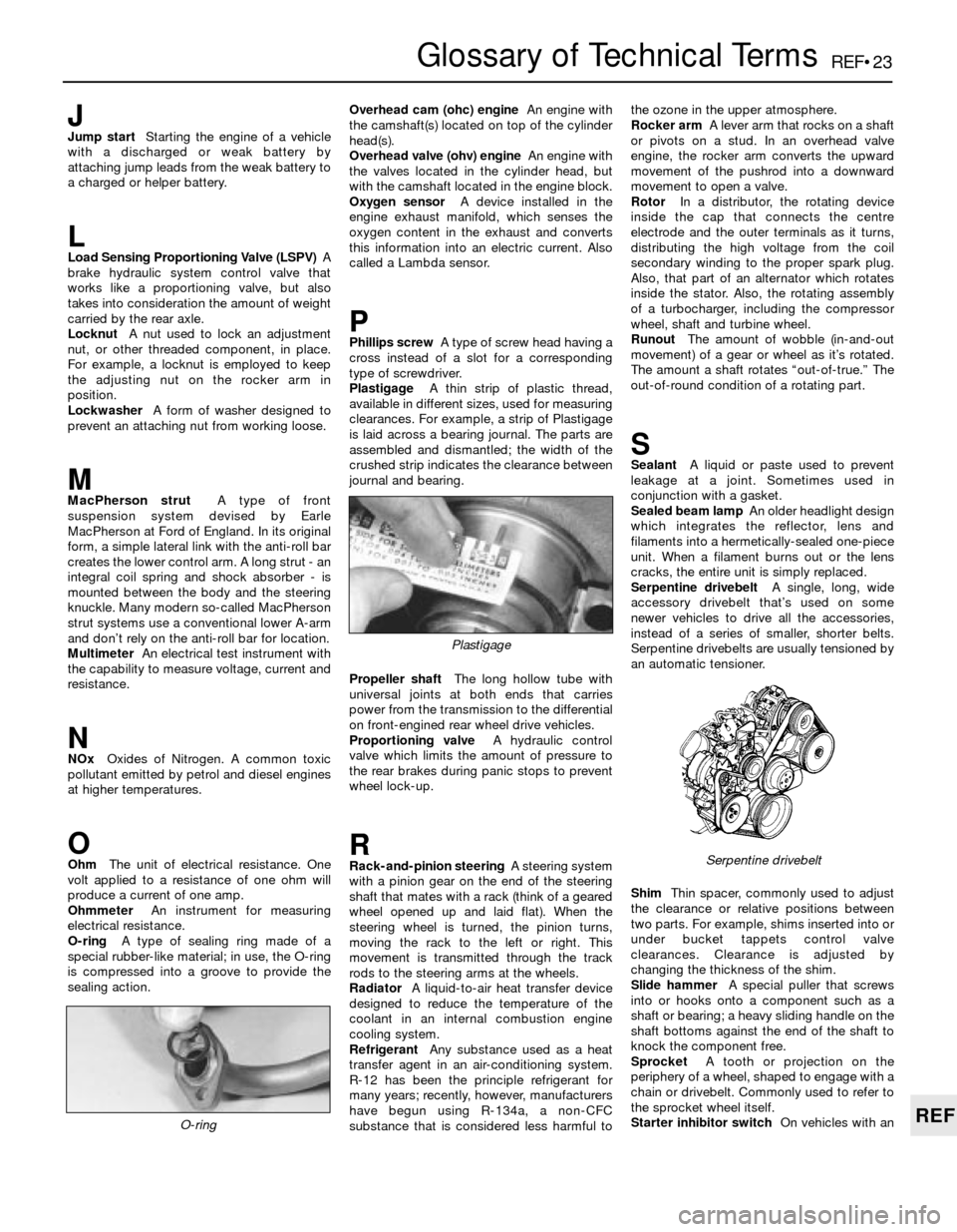 BMW 5 SERIES 1991 E34 Workshop Manual REF•23
REF
Glossary of Technical Terms
JJump startStarting the engine of a vehicle
with a discharged or weak battery by
attaching jump leads from the weak battery to
a charged or helper battery.
LLo