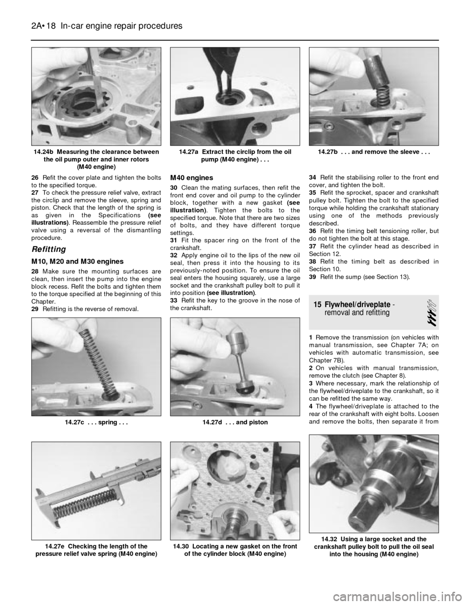 BMW 3 SERIES 1988 E30 Workshop Manual 26Refit the cover plate and tighten the bolts
to the specified torque.
27To check the pressure relief valve, extract
the circlip and remove the sleeve, spring and
piston. Check that the length of the 