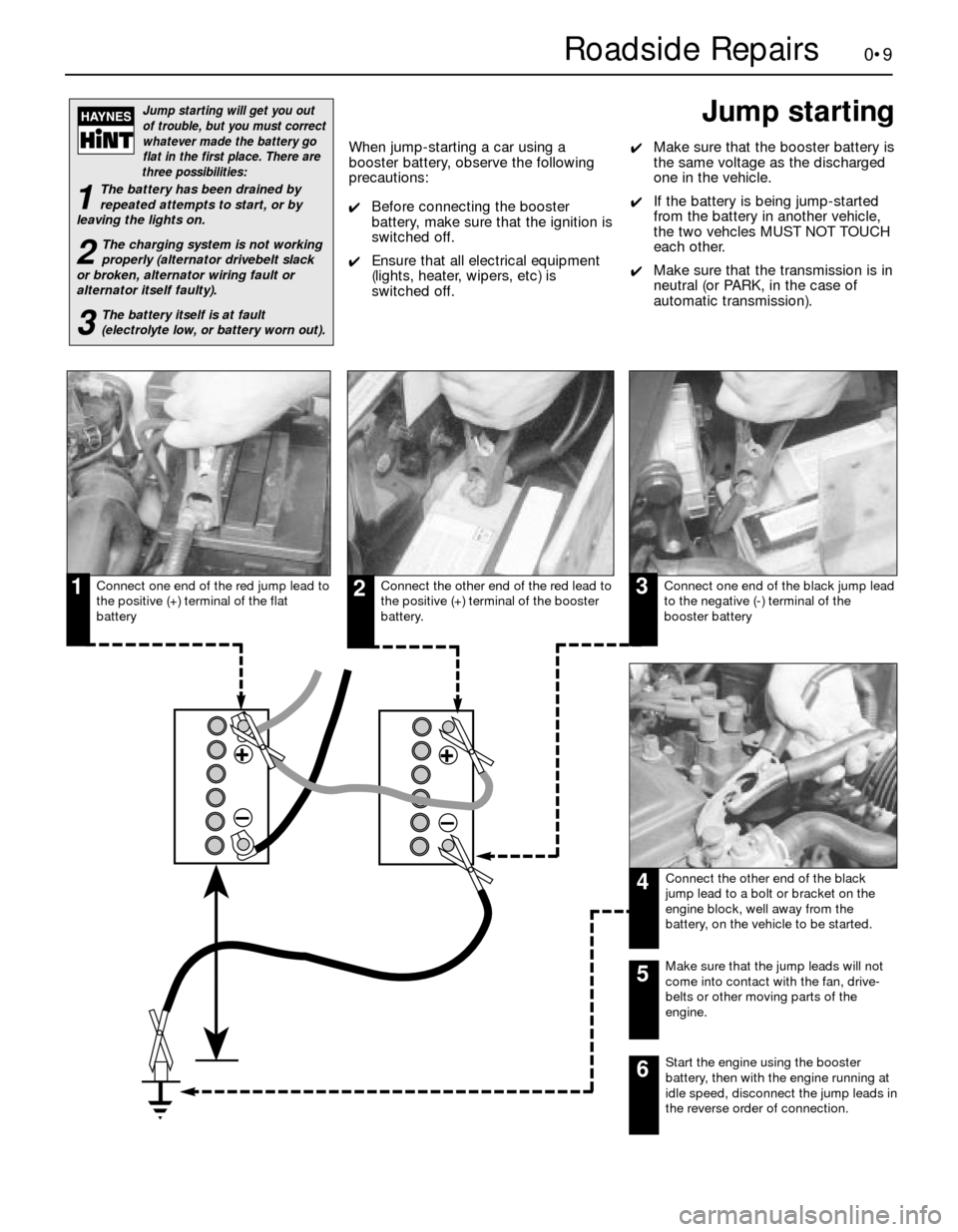 BMW 3 SERIES 1987 E30 Workshop Manual 0•9Roadside Repairs
When jump-starting a car using a
booster battery, observe the following
precautions:
4Before connecting the booster
battery, make sure that the ignition is
switched off.
4Ensure BMW 3 SERIES 1987 E30 Workshop Manual 0•9Roadside Repairs
When jump-starting a car using a
booster battery, observe the following
precautions:
4Before connecting the booster
battery, make sure that the ignition is
switched off.
4Ensure