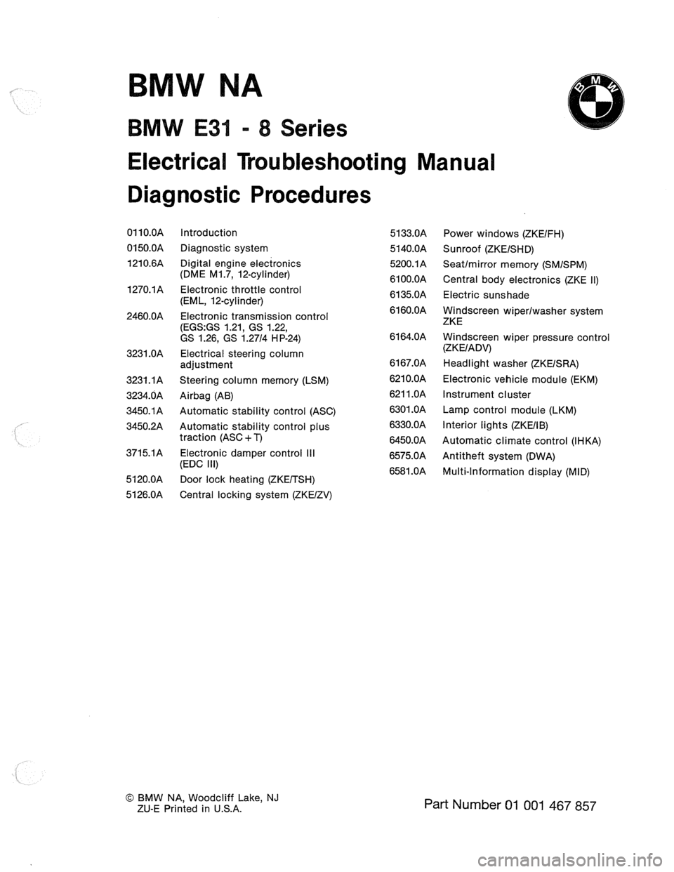 BMW 850csi 1990 E31 Electrical Troubleshooting Manual 