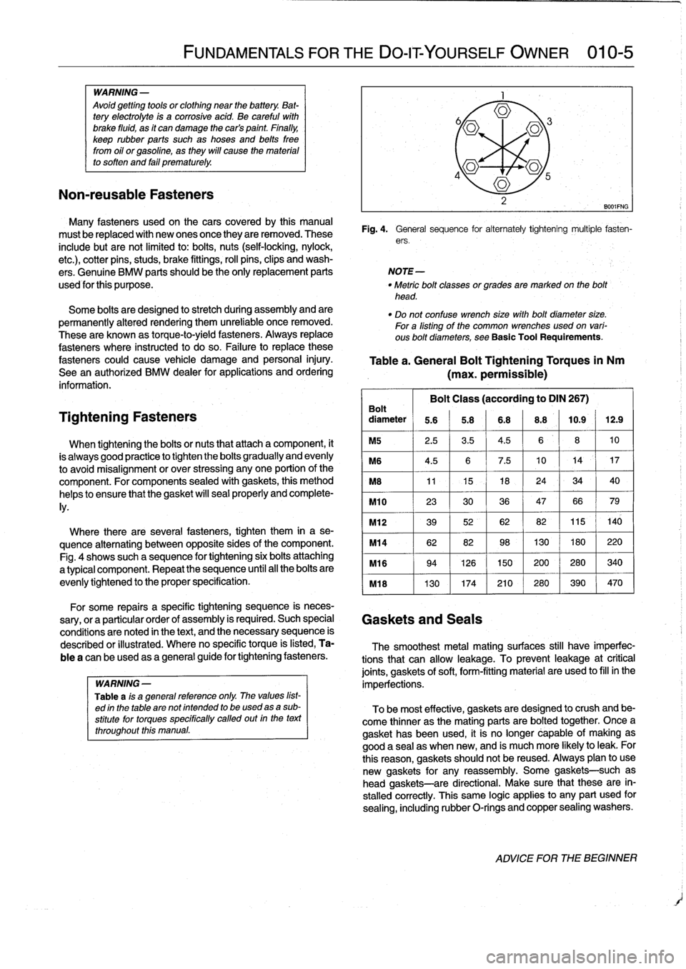 BMW 318i 1992 E36 Workshop Manual 
FUNDAMENTALS
FOR
THEDO-ITYOURSELF
OWNER

	

010-
5

WARNING
-

Avoid
getting
tools
or
clothing
near
the
battery
.
Bat-tery
electrolyte
is
a
corrosive
acid
.
Be
careful
with

brake
fluid,
as
it
can
da