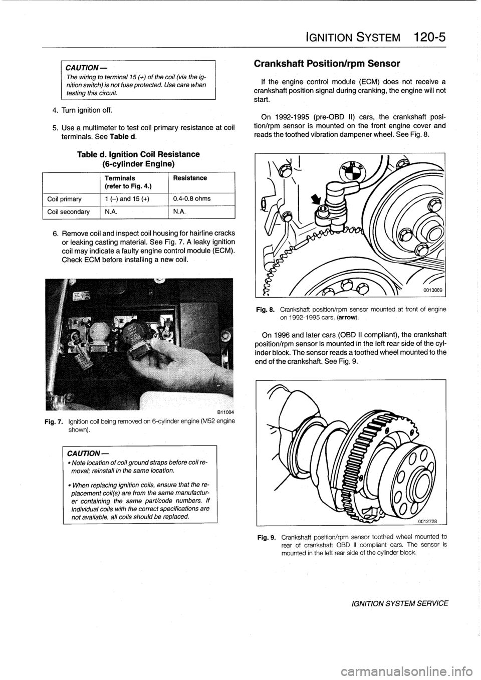 BMW 323i 1997 E36 Workshop Manual
CAUTION
-
The
wiring
to
termina¡
15
(+)
of
the
coil(vía
the
ig-
nition
switch)
is
not
fuse
protected
.
Use
care
when
testíng
thiscircuit
.
4
.
Turn
ignition
off
.
5
.
Use
a
multimeter
to
test
BMW 323i 1997 E36 Workshop Manual
CAUTION
-
The
wiring
to
termina¡
15
(+)
of
the
coil(vía
the
ig-
nition
switch)
is
not
fuse
protected
.
Use
care
when
testíng
thiscircuit
.
4
.
Turn
ignition
off
.
5
.
Use
a
multimeter
to
test