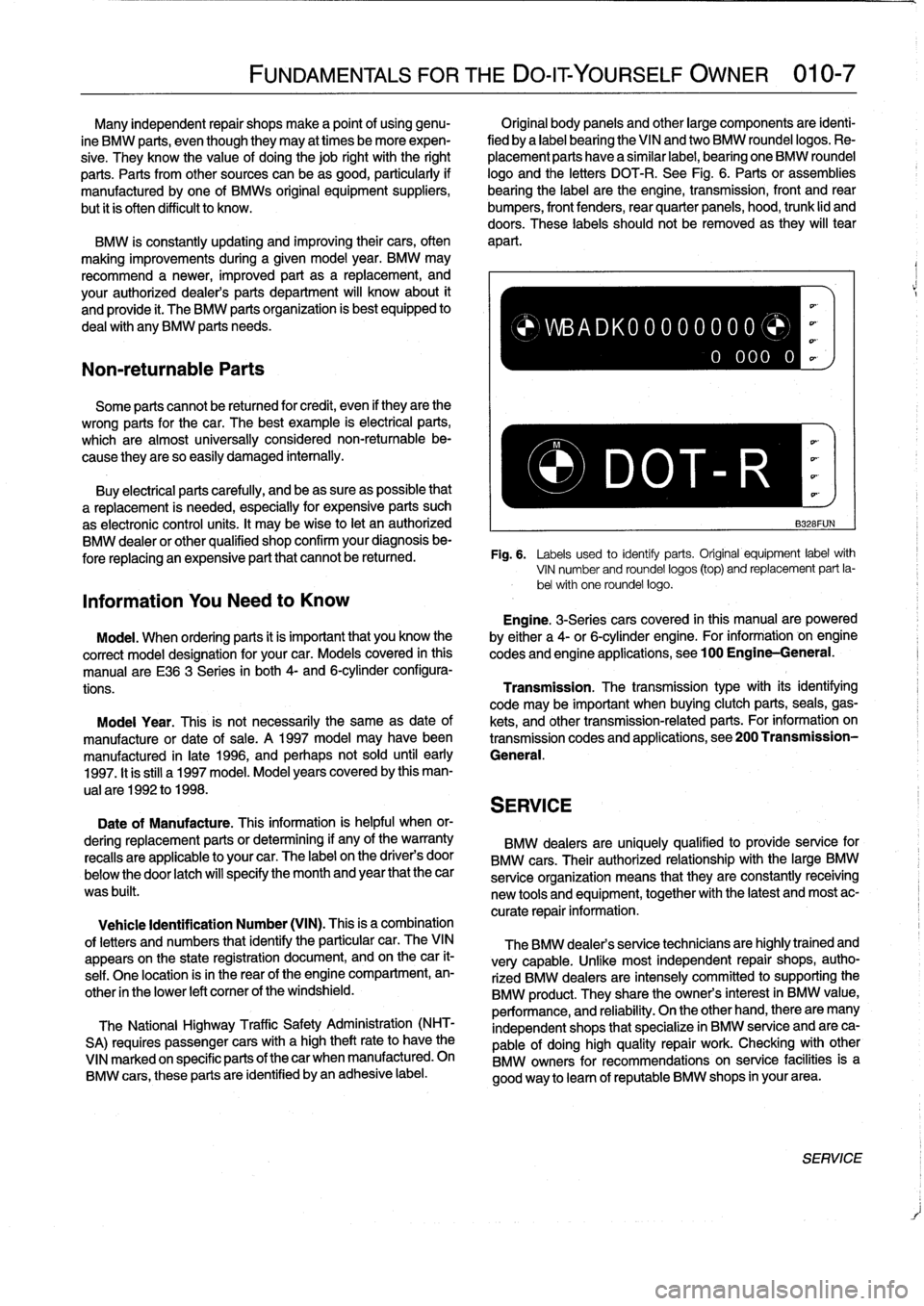 BMW 318i 1997 E36 User Guide 
Non-returnable
Parts

FUNDAMENTALS
FOR
THEDO-ITYOURSELF
OWNER
010-
7

Many
independent
repair
shops
make
a
point
of
using
genu-

	

Original
body
paneis
and
other
large
components
are
identi-

ine
BM