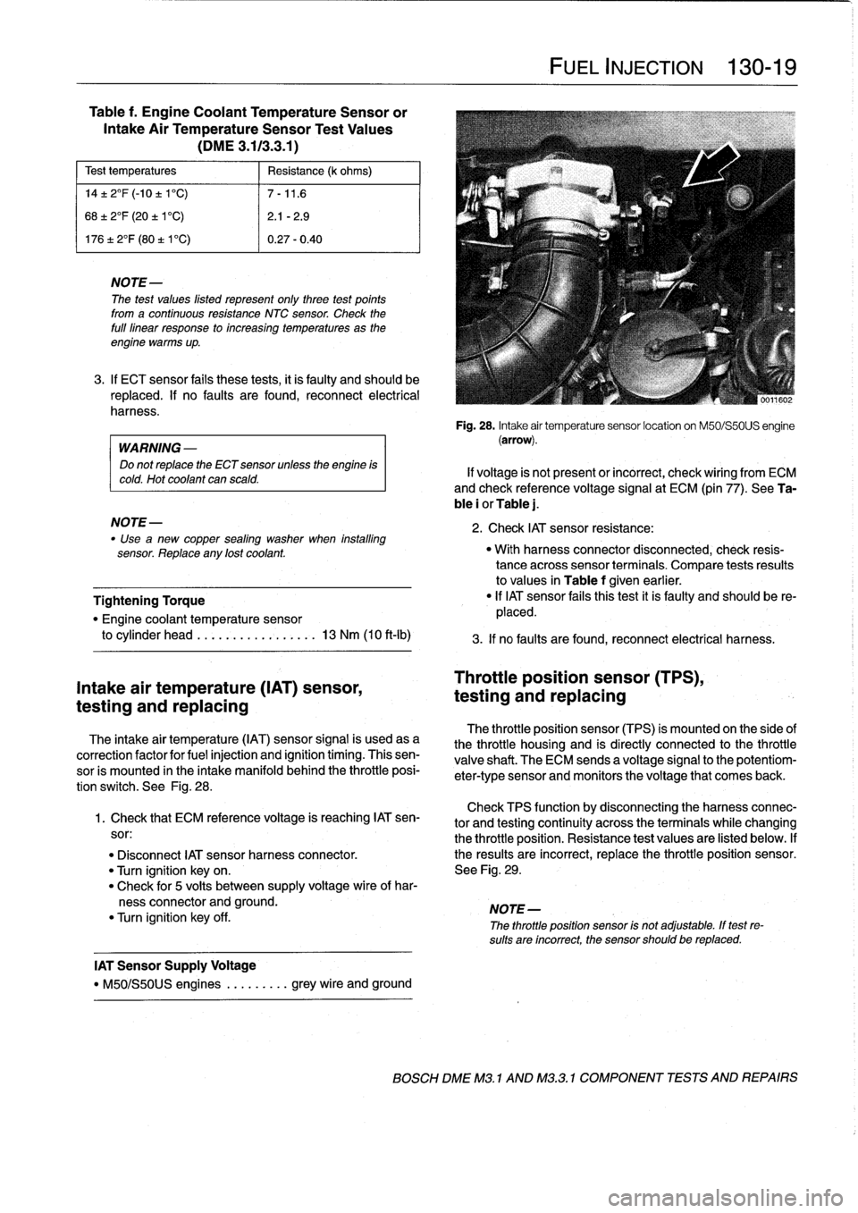 BMW 318i 1995 E36 Service Manual 
Table
f
.
Engine
Coolant
TemperatureSensor
or

Intake
Air
TemperatureSensor
Test
Values

(DME
3
.113
.3
.1)

Test
temperatures

	

Resistance
(k
ohms)

14±
2°F
(-10
±
1C)

	

7-11
.6

68±
2°F
(