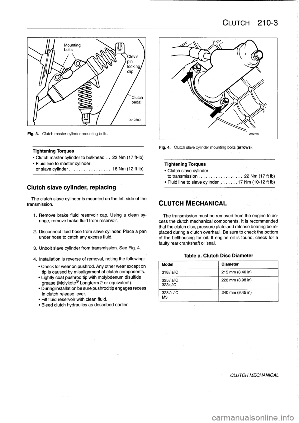 BMW M3 1992 E36 Workshop Manual Fig
.
3
.
Clutch
master
cylinder
mounting
bolts
.
Clutch
slave
cylinder,
replacing
0012589
Tightening
Torques
"
Clutch
master
cylinder
to
bulkhead
..
22
Nm
(17
ft-Ib)
"
Fluid
line
to
master
cy BMW M3 1992 E36 Workshop Manual Fig
.
3
.
Clutch
master
cylinder
mounting
bolts
.
Clutch
slave
cylinder,
replacing
0012589
Tightening
Torques
"
Clutch
master
cylinder
to
bulkhead
..
22
Nm
(17
ft-Ib)
"
Fluid
line
to
master
cy
