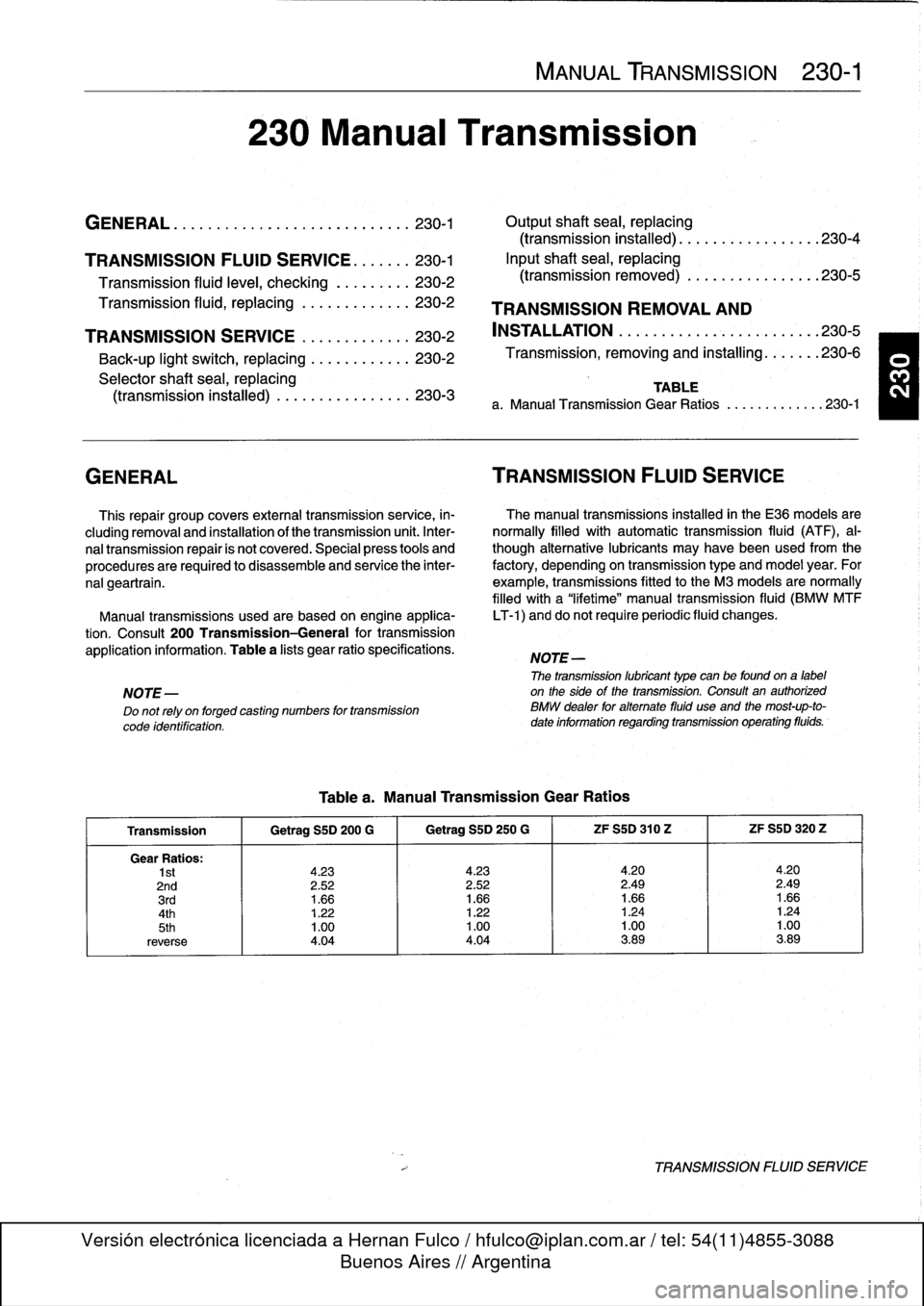 BMW M3 1996 E36 User Guide 
230
Manual
Transmission

MANUAL
TRANSMISSION

	

230-1

GENERAL
...
.
............
.
.......
.
.
.
.
230-1

	

Output
shaft
sea¡,
replacing

(transmission
installed)
....
.
.....
.
.....
.230-4

TRA