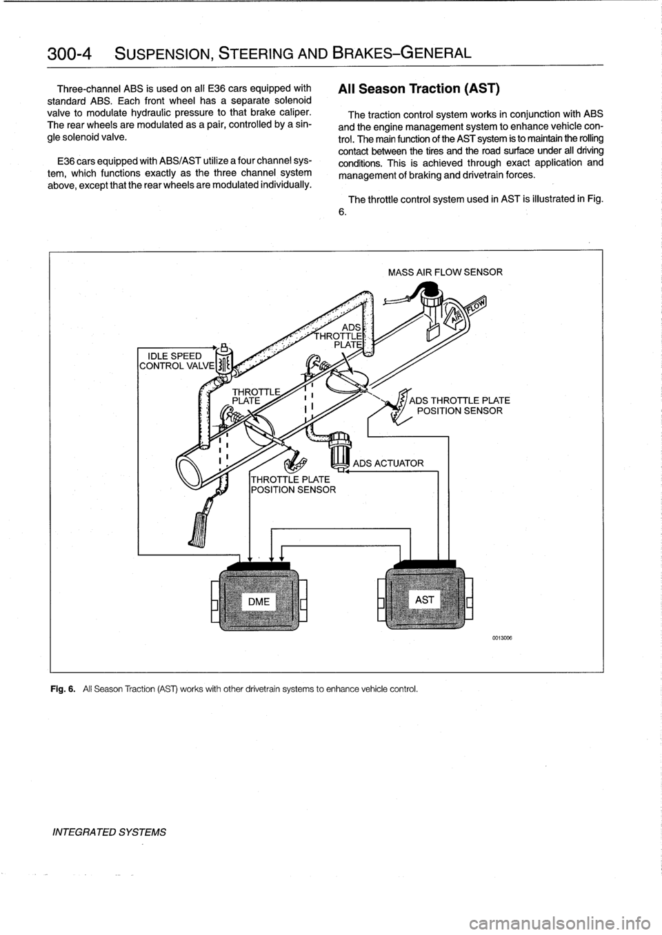 BMW 318i 1997 E36 User Guide 
300-4

	

SUSPENSION,
STEERING
AND
BRAKES-GENERAL

Three-channel
ABS
ís
used
on
al[
E36
cars
equipped
with

	

Al¡
Season
Traction
(AST)
standard
ABS
.
Each
front
wheelhas
a
separate
solenoid

valv