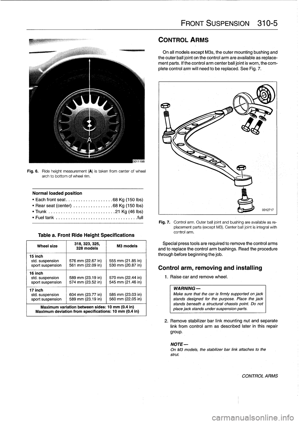 BMW M3 1992 E36 Workshop Manual
Fig
.
6
.
Ride
height
measurement
(A)
is
taken
from
centerof
wheel
archto
bottom
of
wheel
rim
.
Normal
loaded
position
"
Each
front
seat
...
...
.
..
..........
68Kg
(150
Ibs)
"
Rear
seat
(cen BMW M3 1992 E36 Workshop Manual
Fig
.
6
.
Ride
height
measurement
(A)
is
taken
from
centerof
wheel
archto
bottom
of
wheel
rim
.
Normal
loaded
position
"
Each
front
seat
...
...
.
..
..........
68Kg
(150
Ibs)
"
Rear
seat
(cen