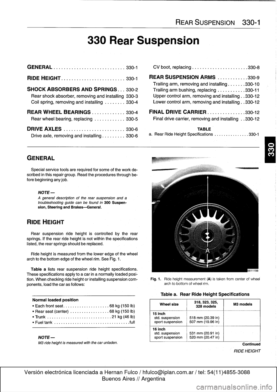 BMW 325i 1998 E36 Workshop Manual 
GENERAL
.......
.
.
.
.
.
.
.
.
.
.......
.
...
.330-1

	

CV
boot,
replacing
........
.
.
.
.........
.
.330-8

RIDE
HEIGHT
....
.
.
.
.
.
...
.
...
.
.
.
.
.
...
.
330-1

	

REAR
SUSPENSION
ARMS
.
