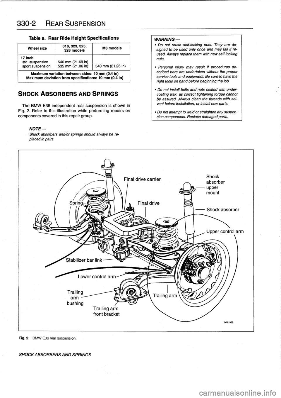 BMW M3 1996 E36 User Guide 
330-2

	

REAR
SUSPENSION

Table
a
.
Rear
RideHeight
Specifications

Wheel
size

	

318,323,
325,

	

M3
modeis
328
modeis

17inch
std
.
suspension

	

546
mm
(21.69
in)
sport
suspension

	

~
535
mm