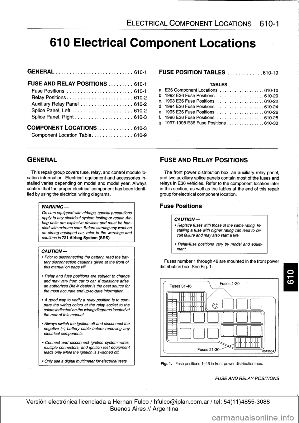 BMW 318i 1994 E36 Workshop Manual 
610
Electrical
Component
Locations

GENERAL
...........
.
.
.
.
.
.
.
.
.
........
610-1

	

FOSE
POSITION
TABLES
..
.
.
.
.
.
.....
.
610-19

FUSE
AND
RELAY
POSITIONS
.
...
.
.
.
.
.
610-1

Fuse
Pos