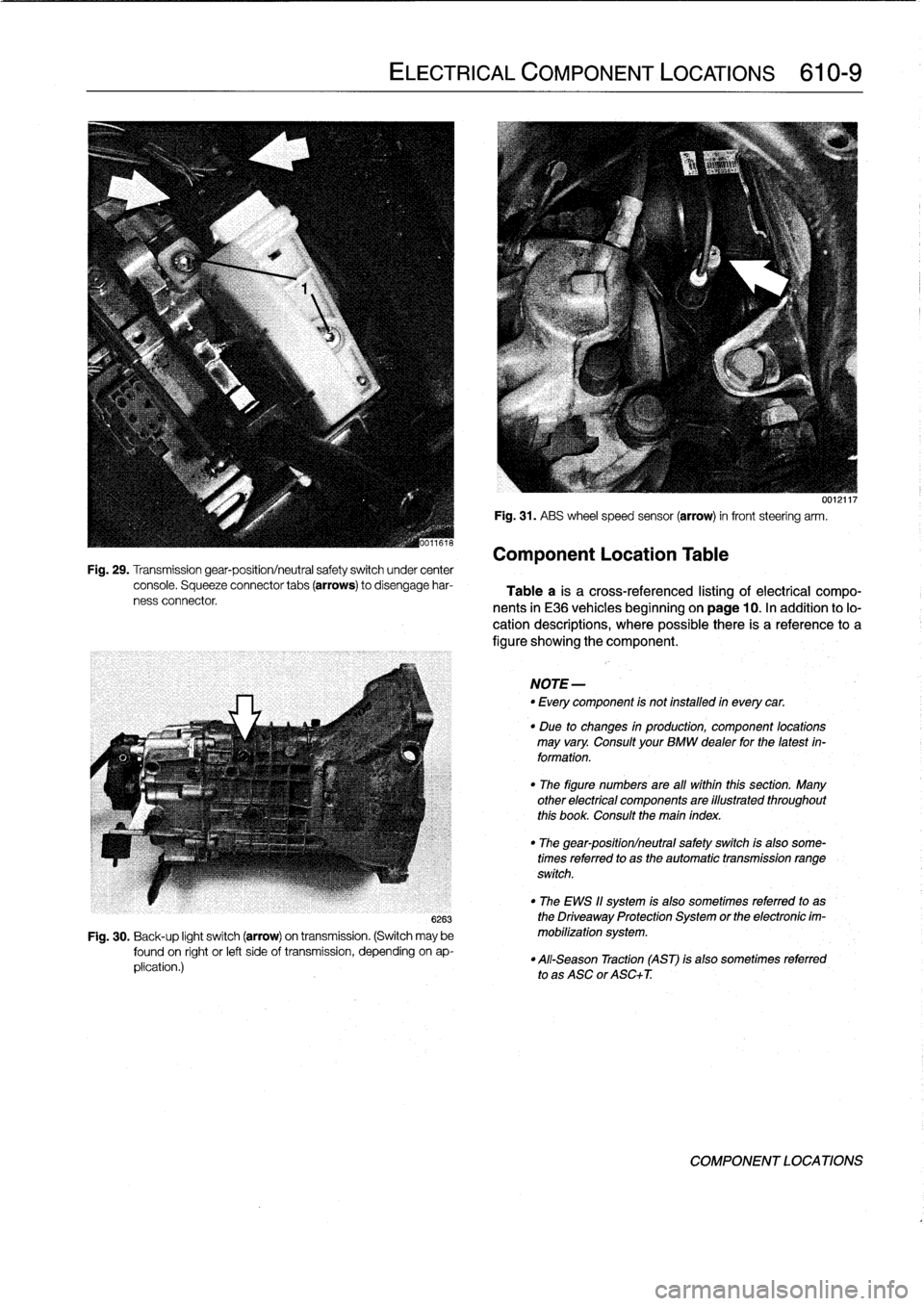BMW 325i 1994 E36 Service Manual 
Fig
.
29
.
Transmission
gear-position/neutral
safety
switch
under
center
console
.
Squeeze
connector
tabs
(arrows)
to
disengage
har-
ness
connector

ELECTRICAL
COMPONENT
LOCATIONS

	

610-
9

6263

F