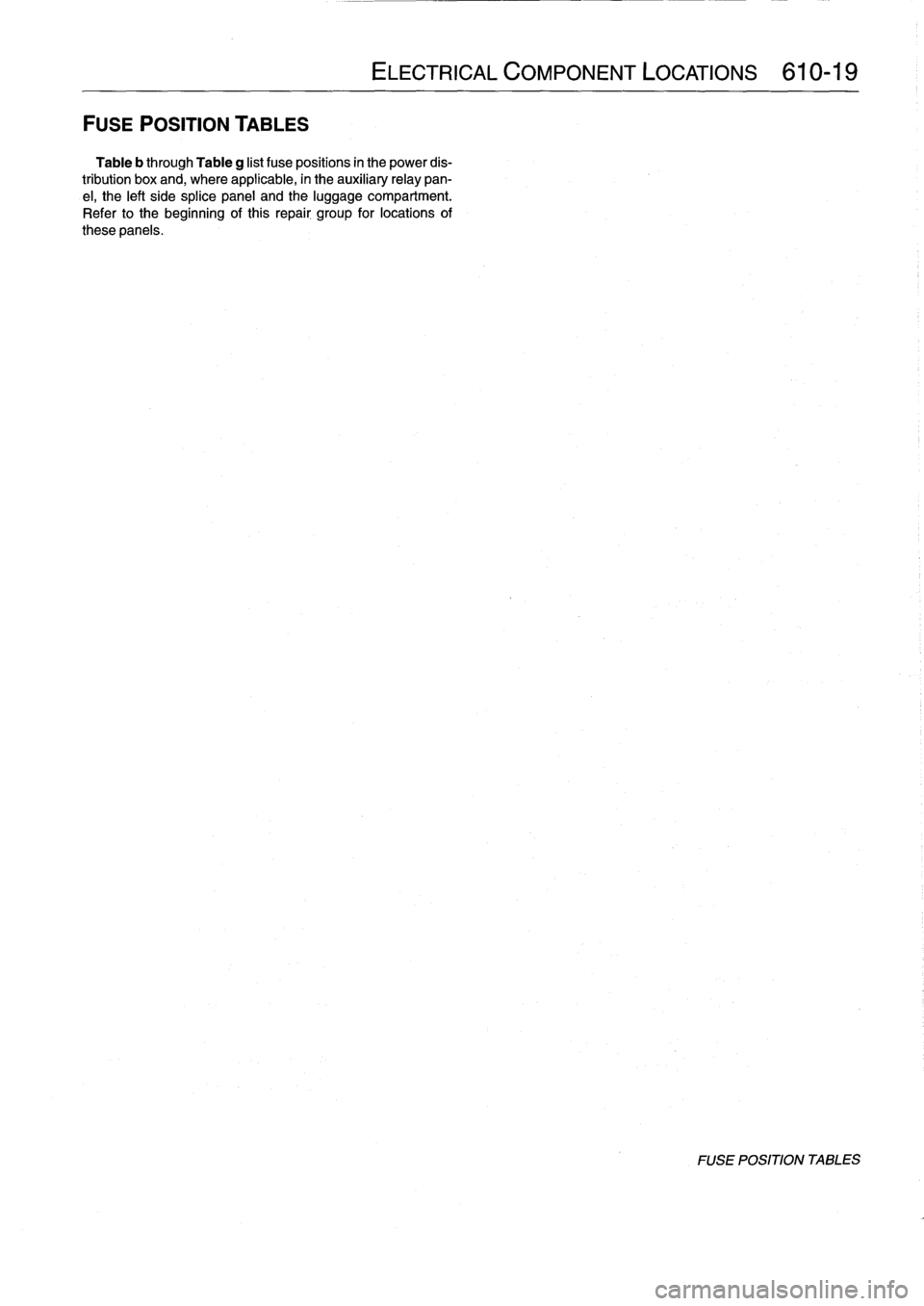 BMW 323i 1998 E36 User Guide 
FUSE
POSITION
TABLES

Table
b
through
Table
g
list
fuse
positions
in
the
power
dis-

tribution
box
and,
where
applicable,
in
the
auxiliary
relay
pan-

el,
the
left
side
splice
panel
and
the
luggage
c