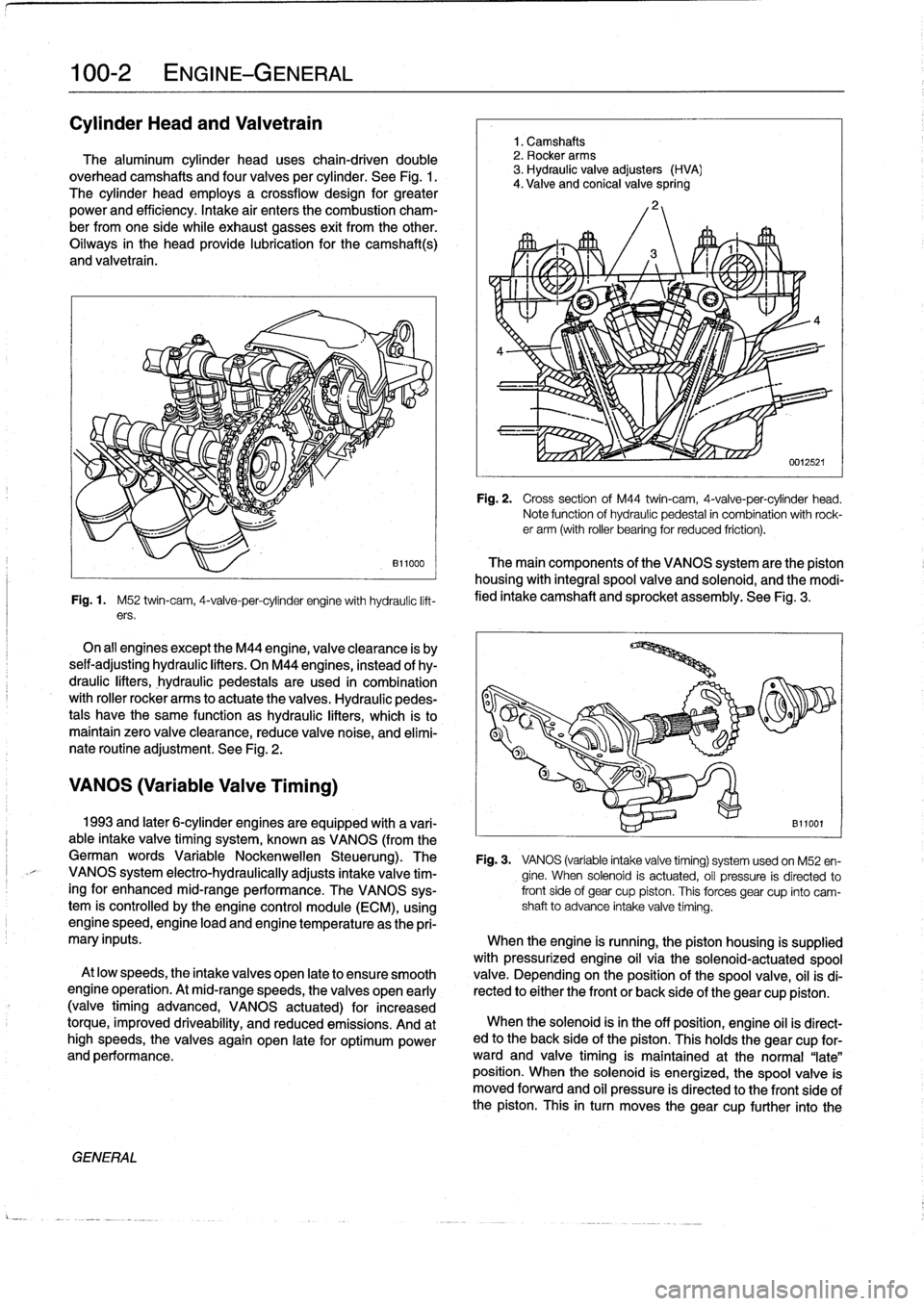 BMW M3 1993 E36 Workshop Manual 
100-2
ENGINE-GENERAL

Cylinder
Head
and
Valvetrain

The
aluminum
cylinder
head
uses
chain-driven
double
overhead
camshafts
and
four
valves
per
cylinder
.
See
Fig
.
1
.

The
cylinder
head
employs
a
cr