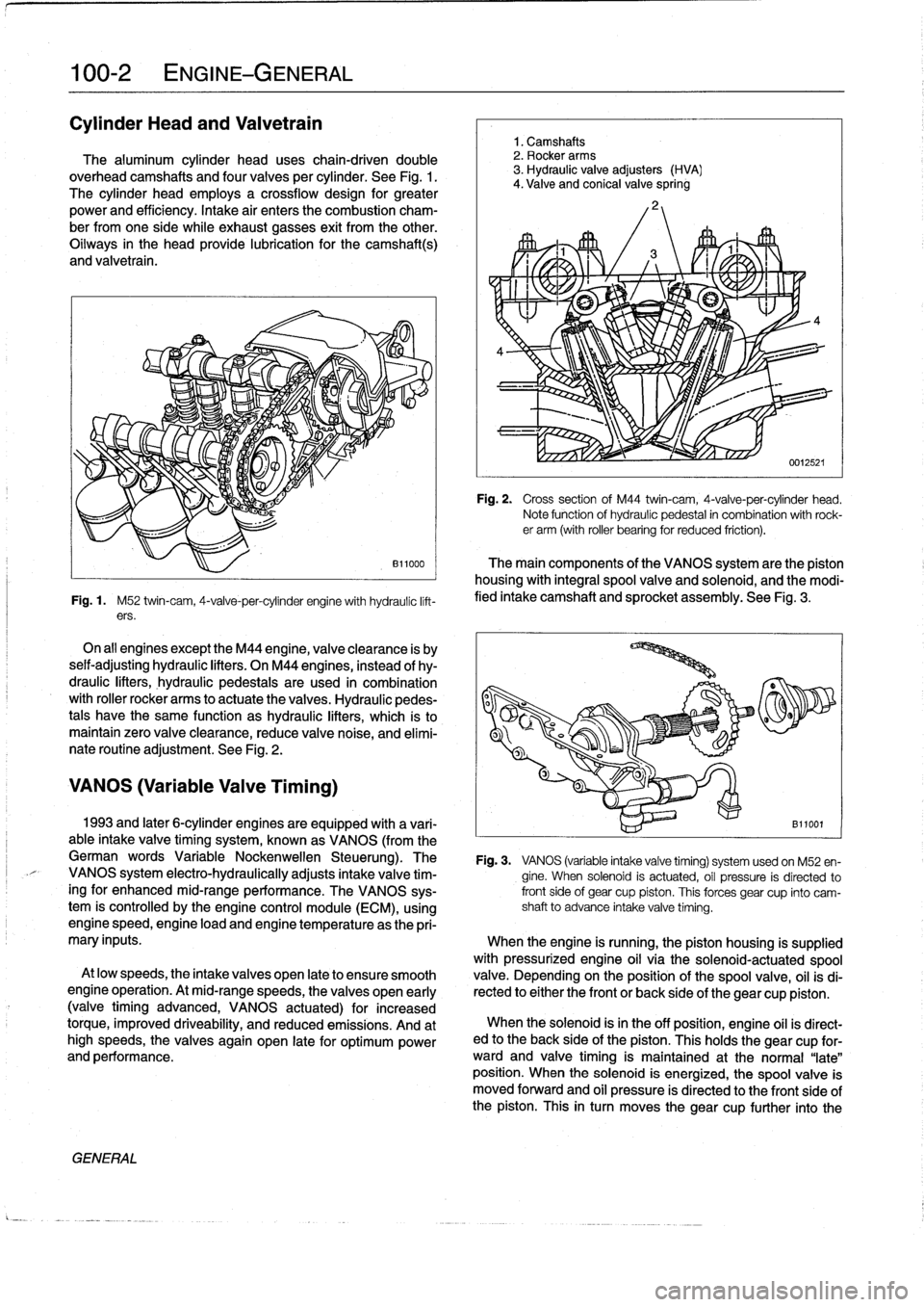 BMW 325i 1993 E36 Workshop Manual
100-2
ENGINE-GENERAL
Cylinder
Head
and
Valvetrain
The
aluminum
cylinder
head
uses
chain-driven
double
overhead
camshafts
and
four
valves
per
cylinder
.
See
Fig
.
1
.
The
cylinder
head
employs
a
cr BMW 325i 1993 E36 Workshop Manual
100-2
ENGINE-GENERAL
Cylinder
Head
and
Valvetrain
The
aluminum
cylinder
head
uses
chain-driven
double
overhead
camshafts
and
four
valves
per
cylinder
.
See
Fig
.
1
.
The
cylinder
head
employs
a
cr