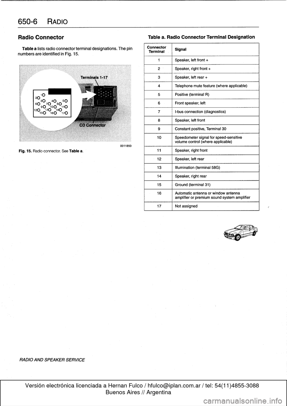BMW 323i 1998 E36 Workshop Manual 
650-
6
RADIO

Radio
Connector

	

Tablea
.
Radio
Connector
Terminal
Designation

Table
a
lists
radio
connector
terminal
designations
.
The
pin

numbers
are
identified
in
Fig
.
15
.

20103040
50

60
9