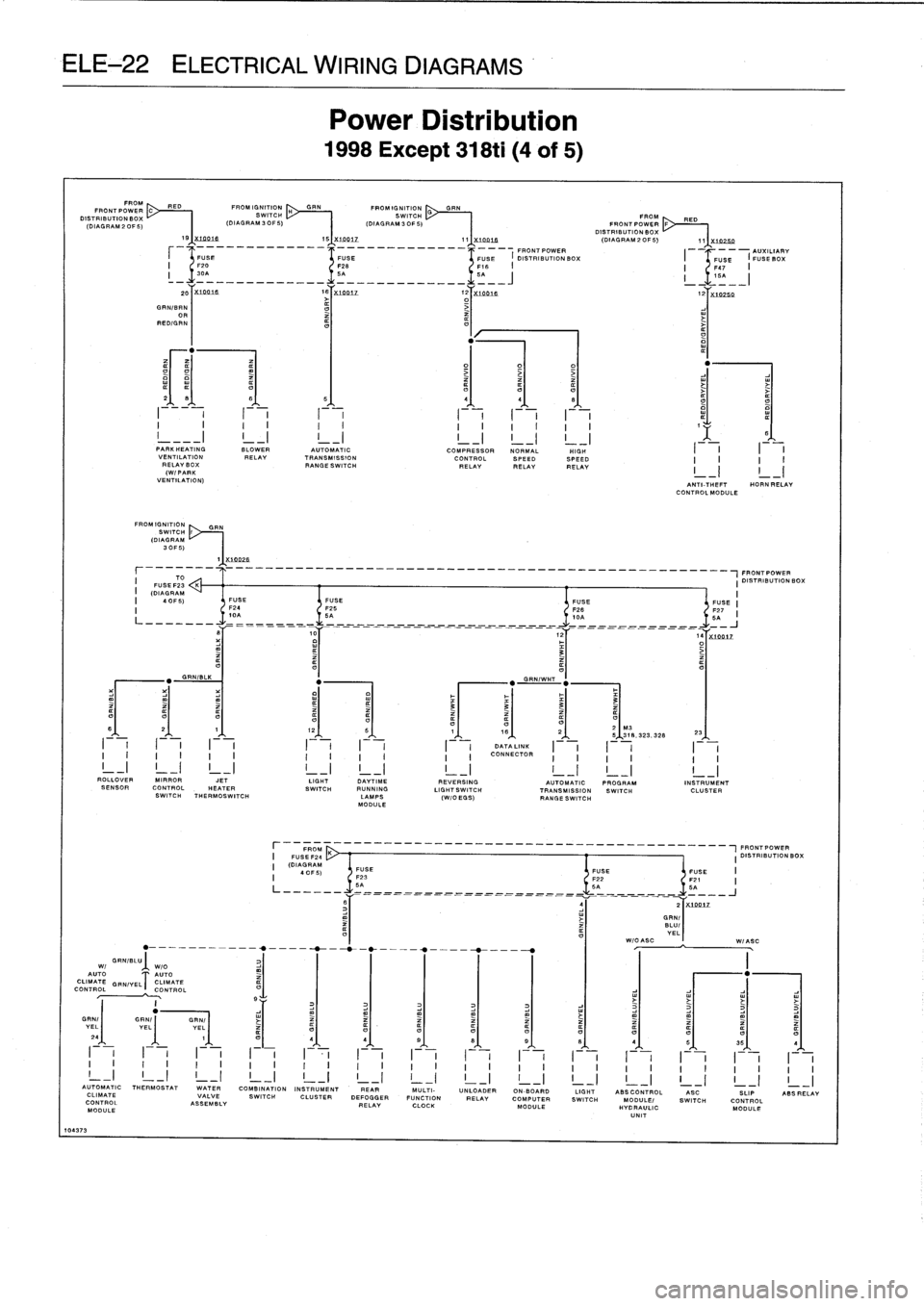 BMW 328i 1995 E36 Owners Guide 
ELE-22

ELECTRICAL
WIRING
DIAGRAMS

GRNIBLU
Wl

WIO

AUTO

AUTO

CLIMATE

GEN/YELT
CLIMATE

CONTROL

CONTROL

10437
3

FP

OM~
	

PED
FRONTPOWER
DISTRIBUTION

BOY%

(DIAGRAM

2
OF
5)

S

FROMIGNITION