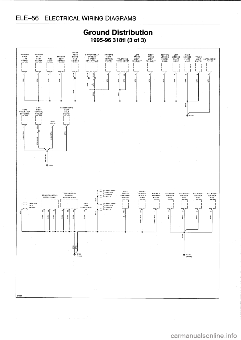 BMW 318i 1997 E36 Repair Manual 
ELE-56
ELECTRICAL
WIRING
DIAGRAMS

ANTI-

	

PASSENGERS
SEAT
THEFT

	

SEAT
OCCUPANCY
CONTROL

	

BELT
DETECTOR
MODULE

	

SWITCH

84320

RIGHT
DRIVERS

	

DRIVERS

	

REAR

	

DRIVERS
SEAT

	

D