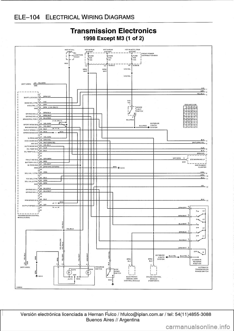 BMW 318i 1997 E36 Manual PDF 
ELE-104
ELECTRICAL
WIRING
DIAGRAMS

(NOT
USED)

	

22
X51

__-__
I

	

I~1
I
SHIFT-LOCKSOLI
j2
BRNIVIO
I

	

I~
34
VIO
BAND
SOL
CTRL(
I

	

HVDCTRLI-)I
5S
GR
i

	

GNDi
6
BRN(79LONLY)

10885
6

OUPUT