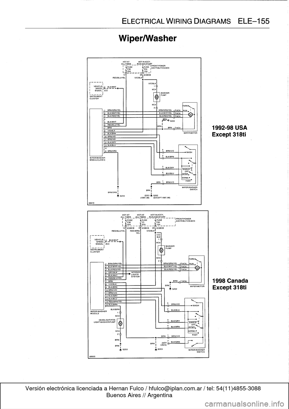 BMW 325i 1992 E36 Workshop Manual 
VEHICLEI2
BLKIWHT
SPEED
}----
"
BIGN=L
j
XIZ

INSTRUMENT
CLUSTER

WIPER/
WASHER
MODULE(LOW
III

88916

INSTRUMENTCLUSTER

88985

12

	

2B
`~I

	

----
RED/BLU/VEL/

	

VIOIBLK~
-18

1
SRN/GRN/YEL
2
