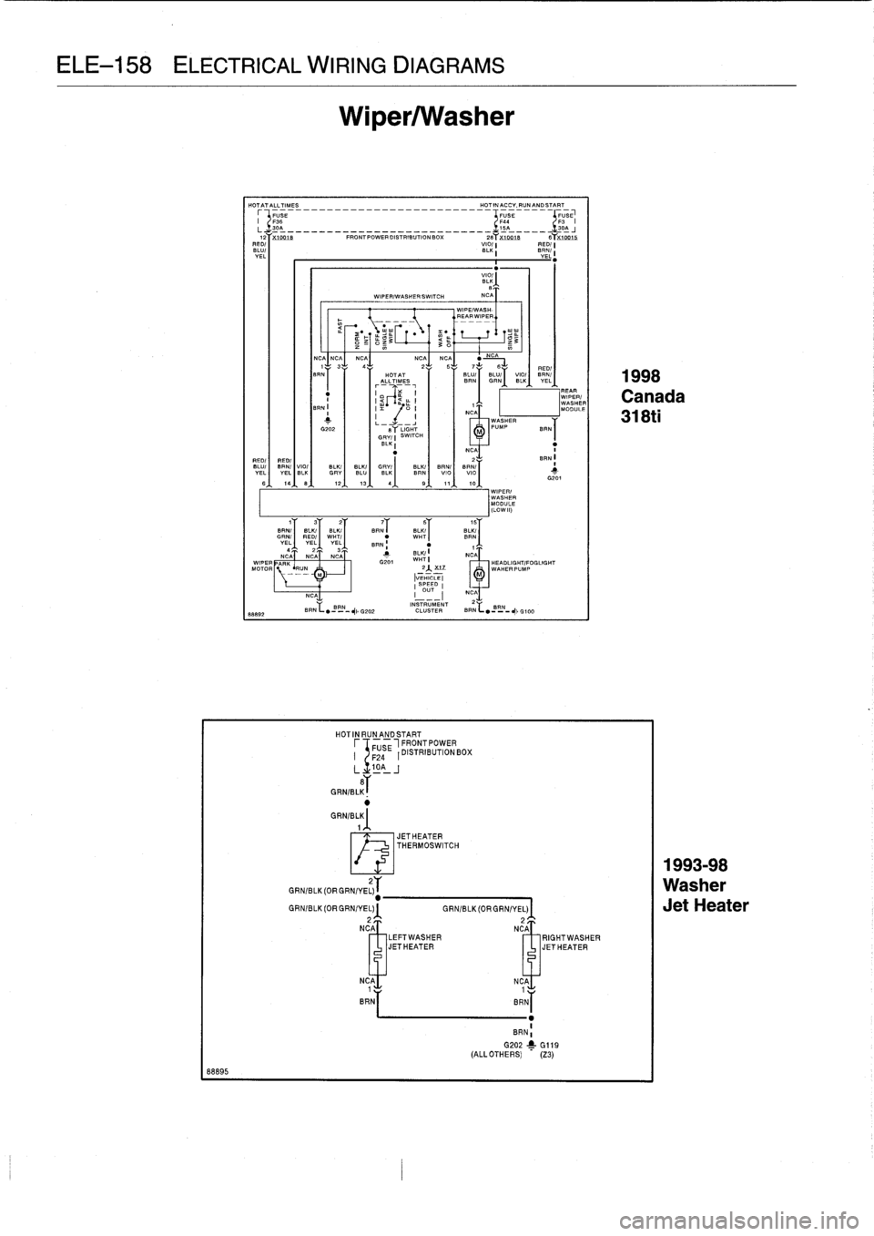 BMW M3 1998 E36 Owners Manual
ELE-158
ELECTRICAL
WIRING
DIAGRAMS
88895
Wiper/Washer
HOTATALLTIMES
HOT
IN
ACCY,
RUNAND
START
F
~
FUSE
us....
-------
-
-
I
,
F"
-
L
,
lolA
...
.
.....
.
....
.
..
BMW M3 1998 E36 Owners Manual
ELE-158
ELECTRICAL
WIRING
DIAGRAMS
88895
Wiper/Washer
HOTATALLTIMES
HOT
IN
ACCY,
RUNAND
START
F
~
FUSE
us....
-------
-
-
I
,
F"
-
L
,
lolA
...
.
.....
.
....
.
..