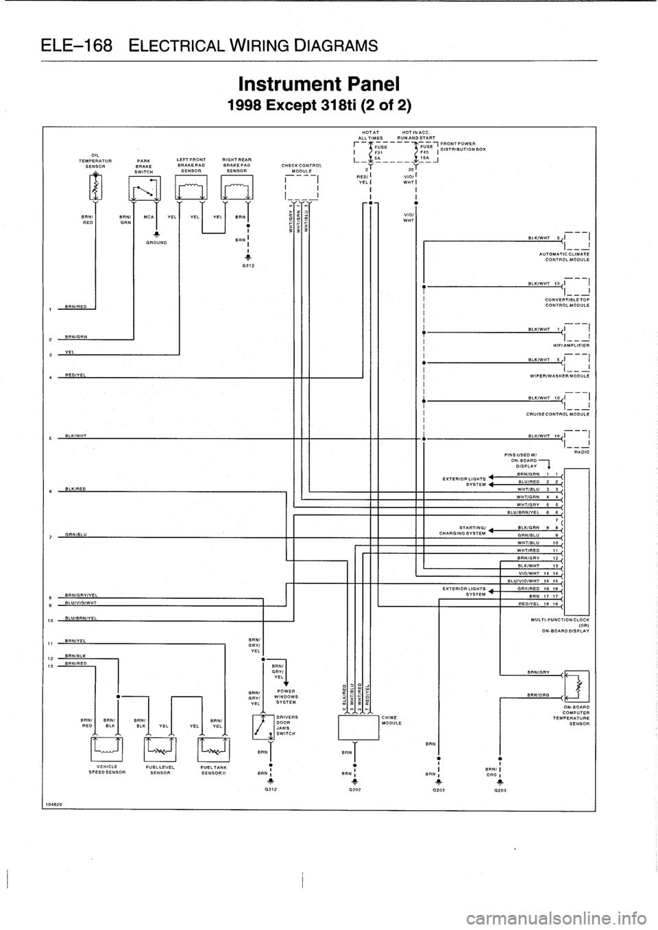 BMW 318i 1998 E36 Workshop Manual
ELE-168
ELECTRICAL
WIRING
DIAGRAMS
5
6
7
0
10
10462
9
GRN/BLU
BRN/YEL
BRN/BLK
BRN/RED
DRIVERS
DOOR
JAMB
SWITCHBAN
t
YEL
SAW
ELI
YEL
Instrument
Panel
1998
Except
318ti
(2
of
2)
OIL
TEMPERATUR
P BMW 318i 1998 E36 Workshop Manual
ELE-168
ELECTRICAL
WIRING
DIAGRAMS
5
6
7
0
10
10462
9
GRN/BLU
BRN/YEL
BRN/BLK
BRN/RED
DRIVERS
DOOR
JAMB
SWITCHBAN
t
YEL
SAW
ELI
YEL
Instrument
Panel
1998
Except
318ti
(2
of
2)
OIL
TEMPERATUR
P