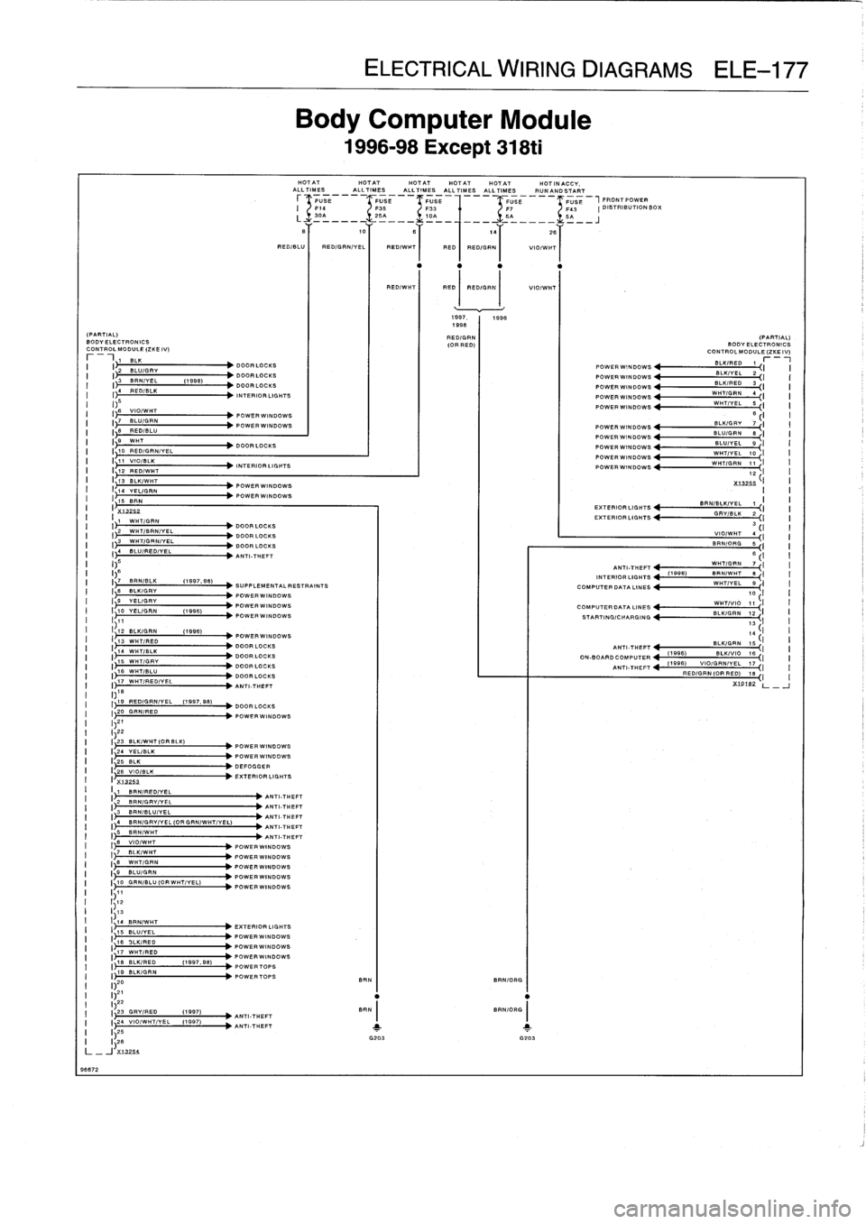 BMW 318i 1998 E36 Repair Manual 
(PARTIAL)
BODYELECTRONICS
CONTROL
MODULE
(ZKE
IV)
r_1
71

	

BILK
1

	

i2
BLUIGRY
I
3
BRN/VEL

	

(1998)
I)
REOIBLK

96672

ELECTRICAL
WIRING
DIAGRAMS
ELE-177

Body
Computer
Module

1996-98Except
3