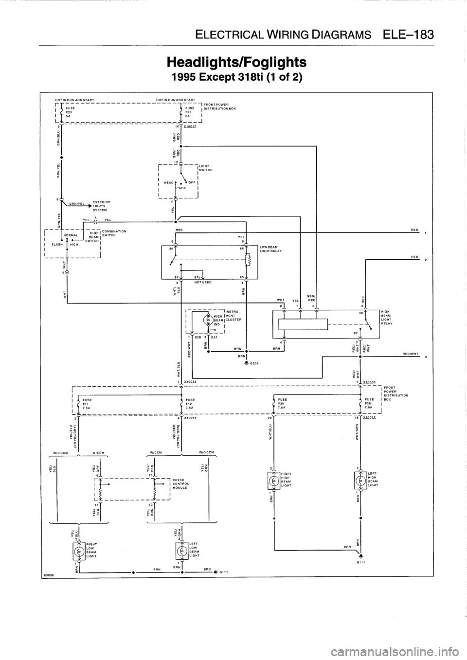 BMW M3 1992 E36 Workshop Manual 133098
HOT
IN
RUNAND
START
HOT
IN
RUN
AND
START
I
--------------
FUSE
F23
I
5A
L
/YE
EXTERIOR
LIGHTS
SYSTEM
RIGHT
LOW
BEAM
LIGHT
Headlights/Foglights
1995Except
318ti
(1
of
2)
3
ELECTRICAL BMW M3 1992 E36 Workshop Manual 133098
HOT
IN
RUNAND
START
HOT
IN
RUN
AND
START
I
--------------
FUSE
F23
I
5A
L
/YE
EXTERIOR
LIGHTS
SYSTEM
RIGHT
LOW
BEAM
LIGHT
Headlights/Foglights
1995Except
318ti
(1
of
2)
3
ELECTRICAL