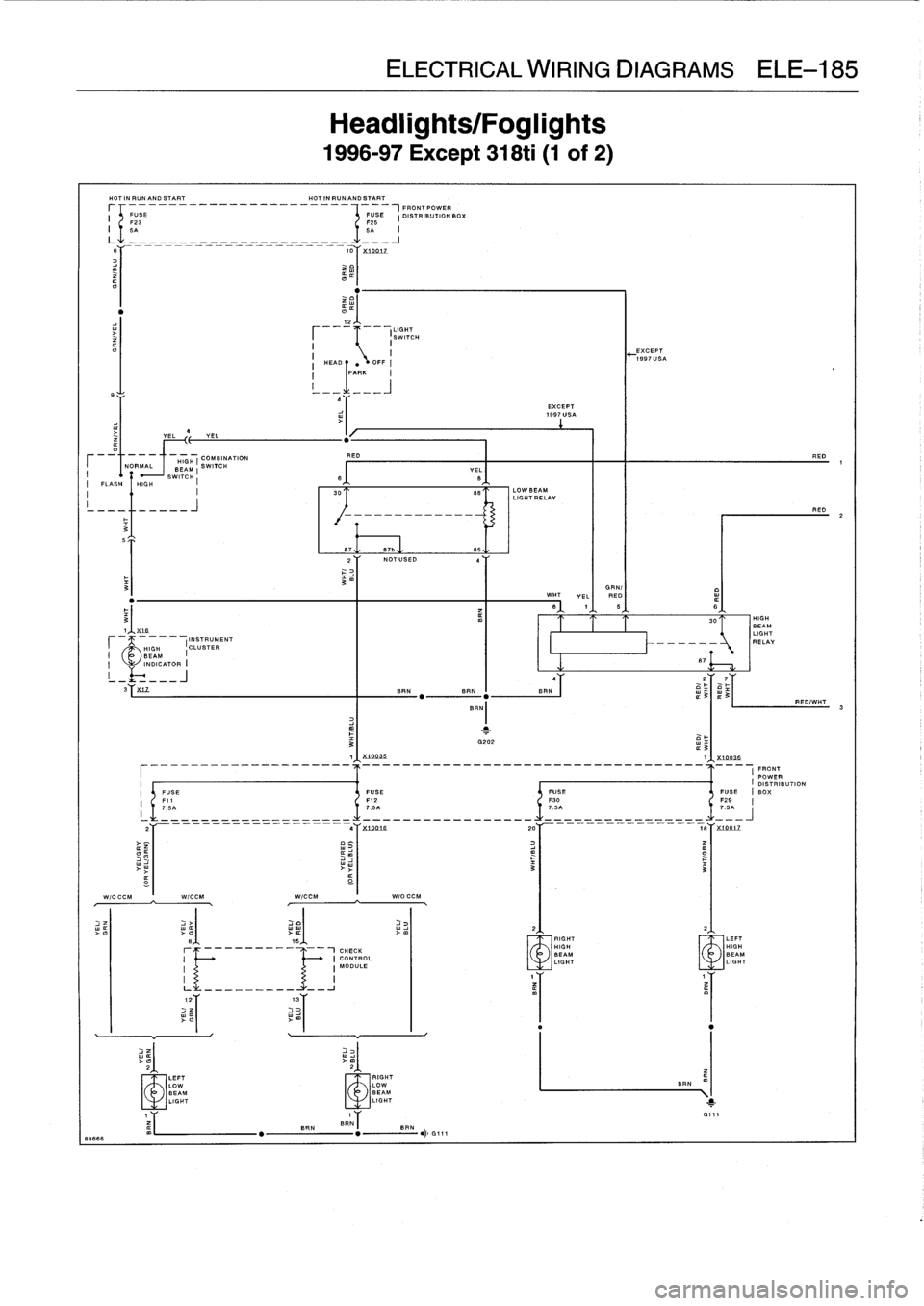 BMW 318i 1997 E36 Owners Manual 
8866
6

HOT
IN
RUNAND
START

	

HOT
IN
RUNAND
START
FUSE
F27
SA

SWITCH

1,~X1B
(INSTRUMENT
HIGH
(CLUSTER
I
BEAM
I

	

INDICATOR
I

Headlights/Foglights

1996-97
Except
318ti
(1
of
2)

3

IFRONT
POWE