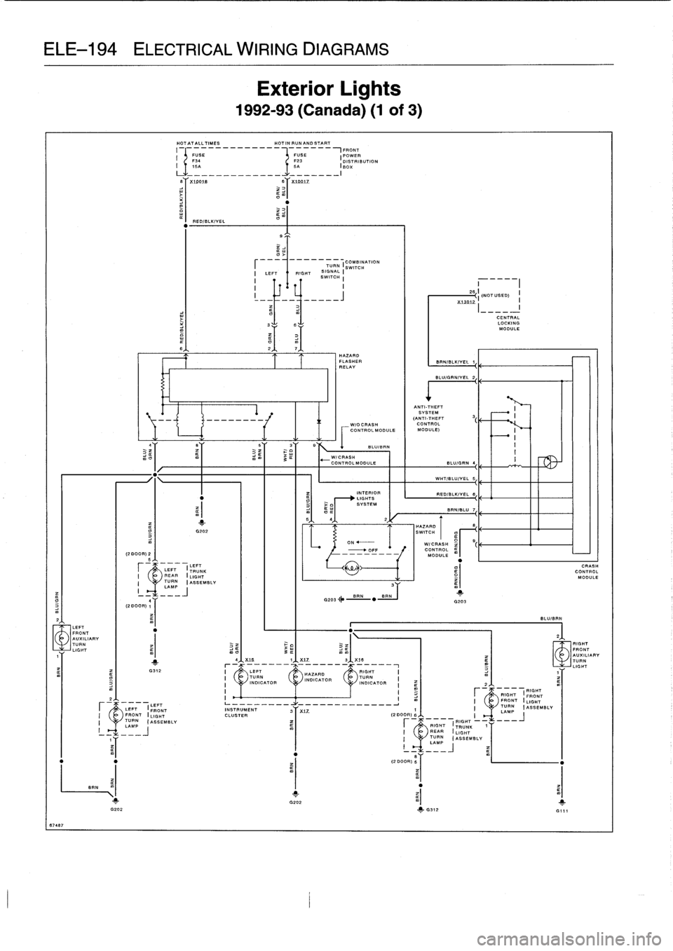 BMW M3 1993 E36 Service Manual 
ELE-194
ELECTRICAL
WIRING
DIAGRAMS

6707

LEFT
FRONT
AUXILIARY
TURN
LIGHT

BE
.

LEFT
LEFT
(FRONT
FRONT
I
LIGHT
TURN
(ASSEMBLY
=
M
=J

1
G312

HOTATALLTIMES

	

HOTINRUNANDSTART
--------------
FUSE
I
