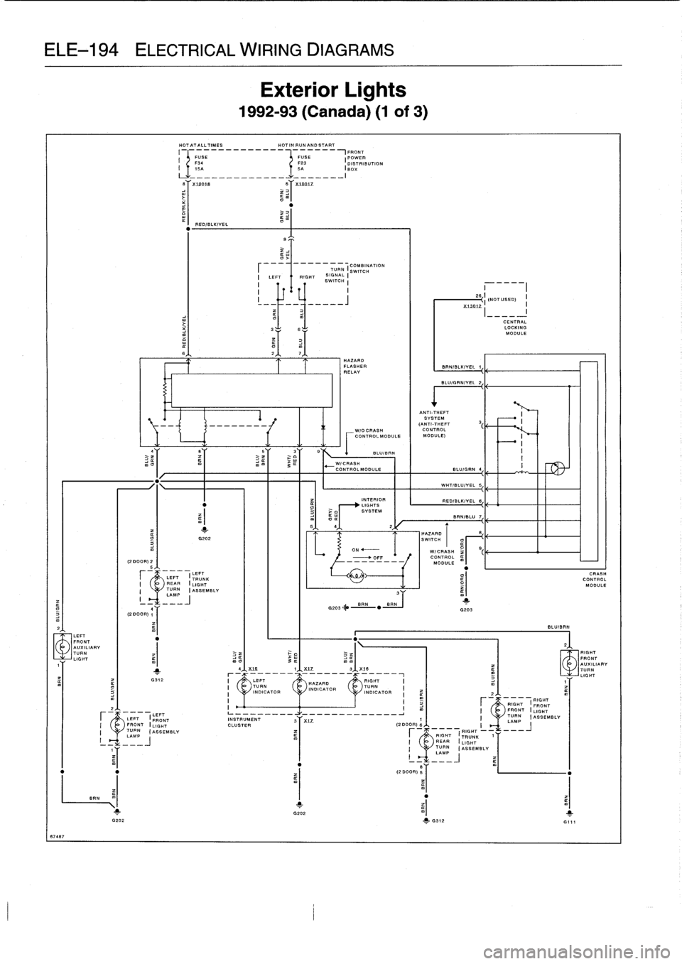 BMW M3 1992 E36 Workshop Manual
ELE-194
ELECTRICAL
WIRING
DIAGRAMS
6707
LEFT
FRONT
AUXILIARY
TURN
LIGHT
BE
.
LEFT
LEFT
(FRONT
FRONT
I
LIGHT
TURN
(ASSEMBLY
=
M
=J
1
G312
HOTATALLTIMES
HOTINRUNANDSTART
--------------
FUSE
I BMW M3 1992 E36 Workshop Manual
ELE-194
ELECTRICAL
WIRING
DIAGRAMS
6707
LEFT
FRONT
AUXILIARY
TURN
LIGHT
BE
.
LEFT
LEFT
(FRONT
FRONT
I
LIGHT
TURN
(ASSEMBLY
=
M
=J
1
G312
HOTATALLTIMES
HOTINRUNANDSTART
--------------
FUSE
I